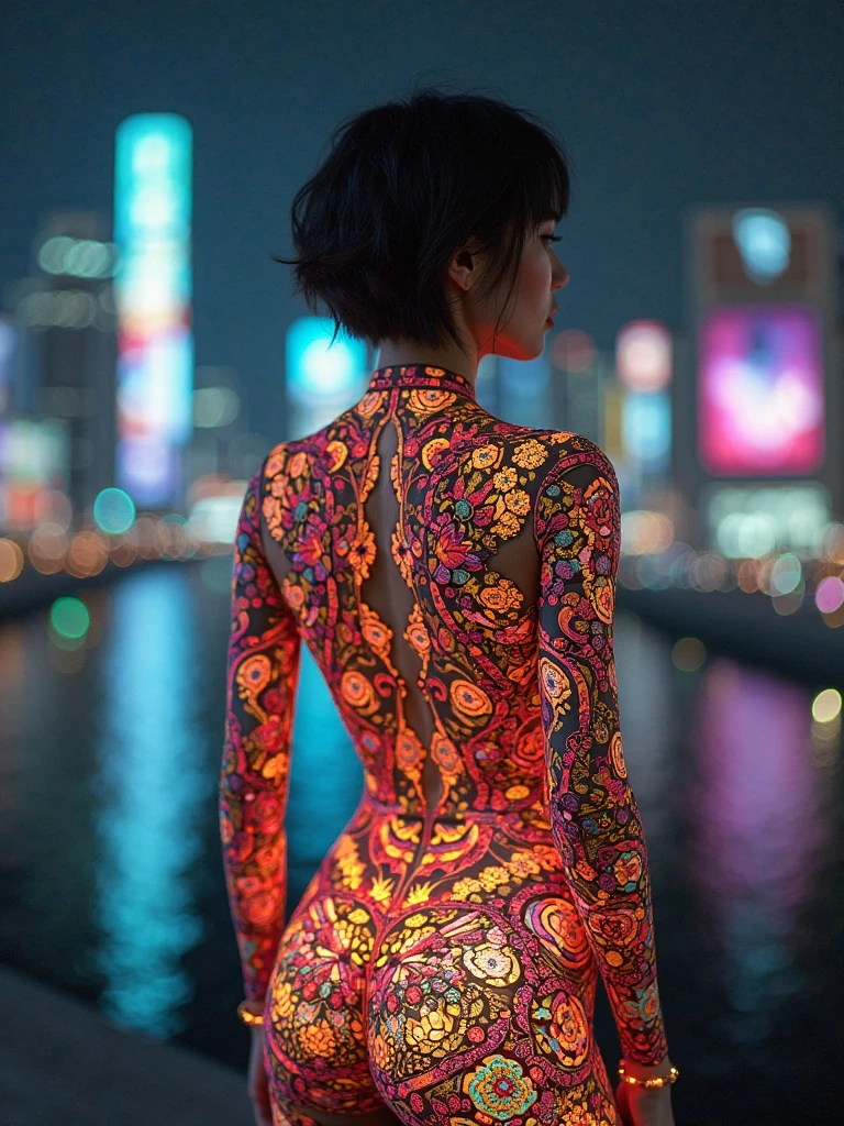 (masterpiece, Highest quality), 8k,(((Very detailed))), Race:1.8,Super intricate Race pattern,colorful Race pattern,Stained glass transparent body, Mandala,light up, 1 female,Open Back, 1、Photo of Lee Jae, tumbler, What it is?, sultry body with セクシー belly, , Young sensual elegance, Sexy Body, delicious, Sexy look, Very short hair、Night viewがきれいな港で撮影、Night view、 Intelligent face、Tight waist、Large Breasts、drool coming out of the mouth、Laugh a little、EOS 50mm f2, Blur the background、Shooting from the side、Facial lighting、whole body、