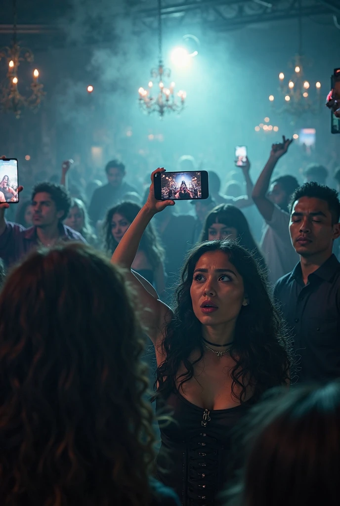 there is a woman with a necklace and a necklace on her neck, dancing in the background, she is facing the camera, snapchat photo, exciting expression, she expressing joy, marvelous expression, grainy black and white footage, profile picture, grainy photo of an ugly woman, profile pic, very excited, live footage, low quality footage, with mouth open
