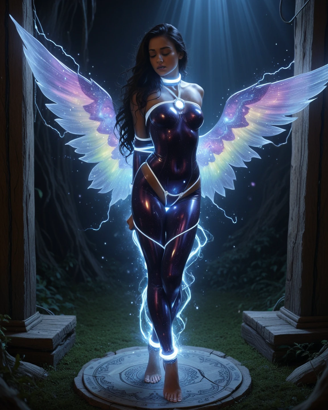 (Masterpiece), (Best Quality: 1.4), absurdities, [:intricate details:0.2],witch, angel wings, milky way, sky, bright aura, intense focus, crackling energy, mysterious symbols, bright specks,Paticulas,many details