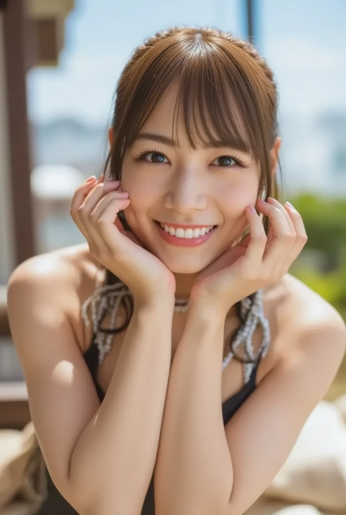 So cute like an idol、Cute and adorable、Looks young, 優しいsmile、Highly detailed CG Unity 8k highest quality, masterpiece, (Realistic,Realistic,Realistic:1.37)、(((Realistic skin texture、Skin pores))),,,Physically Based Rendering,Attention to detail,Angle from below、Downward-facing camera angle,白いgood,thin、写真のようにRealistic, Highly detailed beautiful woman, 24-years-old, (((Browsing Caution、good、立っているPee、Pussy、Pee)))、((pubic hair))、(((Pussy)))、Cleavage , (((Hair tied up))), Round eyes, Realistic female hands、audience, blush, (smile), ((beautiふul woman on the beach))、Lips parted, I took a full body picture、Pissing upright on the beach、Private beach、f/1.2, Sony FE GM, Exposure, lens flare