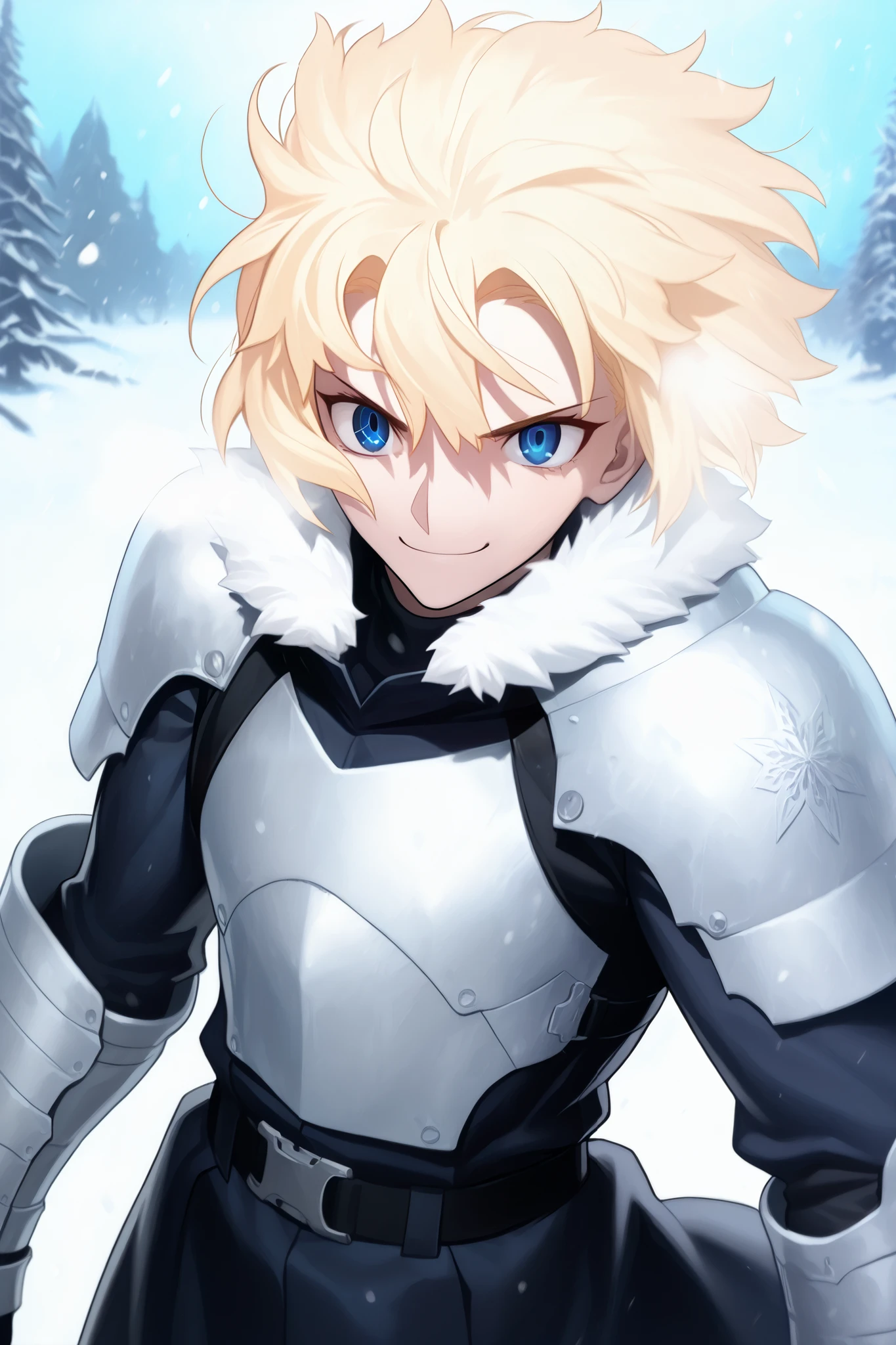 absurdres, (((Ultra HD))), (((Ultra High Quality))), ((hyper detailed)), ((Ultra High Resolution)), (Highly rendered), ((detailed eyes)), (((8K))), ((perfect face)), ((masterpiece)), cinematic, darkened, solo, 1boy, tall, toned body, blonde hair, smile, short hair, messy hair, blue eyes, tactical clothes, black trench coat, fur collar, shoulder armor, gauntlets, snow, Arctic region, nighttime, moonlight, snowing, heavy snow, blizzard, frost over clothes, cold breath