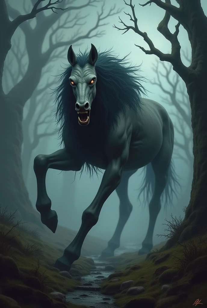 ((best quality)), ((masterpiece)), (detailed), A digital illustration of a black horse attacking a group of monsters in a dark and ominous forest.