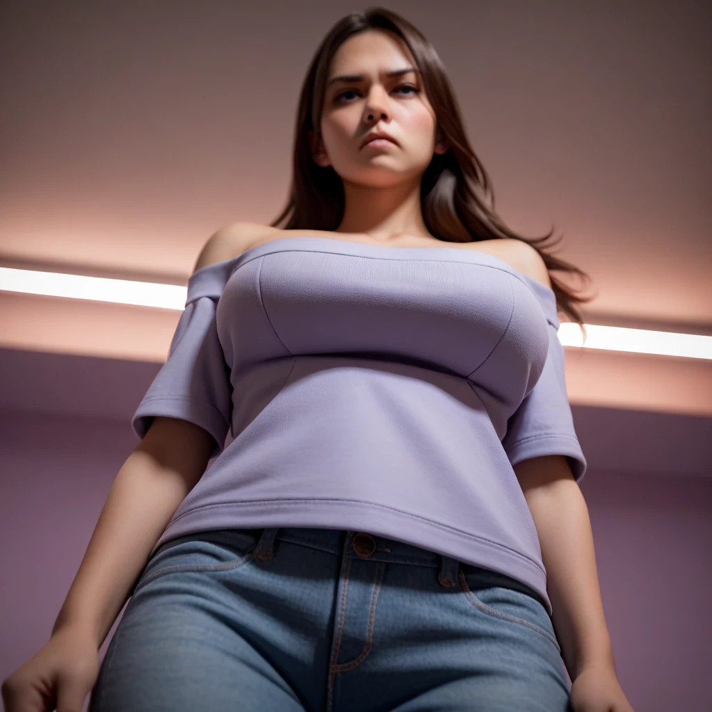 there is a woman in a purple top and blue shorts, her belly button is exposed, belly button showing, sweaty 4 k, folds of belly flab, wearing purple undershirt, her belly is fat and round, her face flushing and sweat, clothed non - nude portrait, belly exposed, half body portrait of juliana, middle shot waist up, half body cropping
