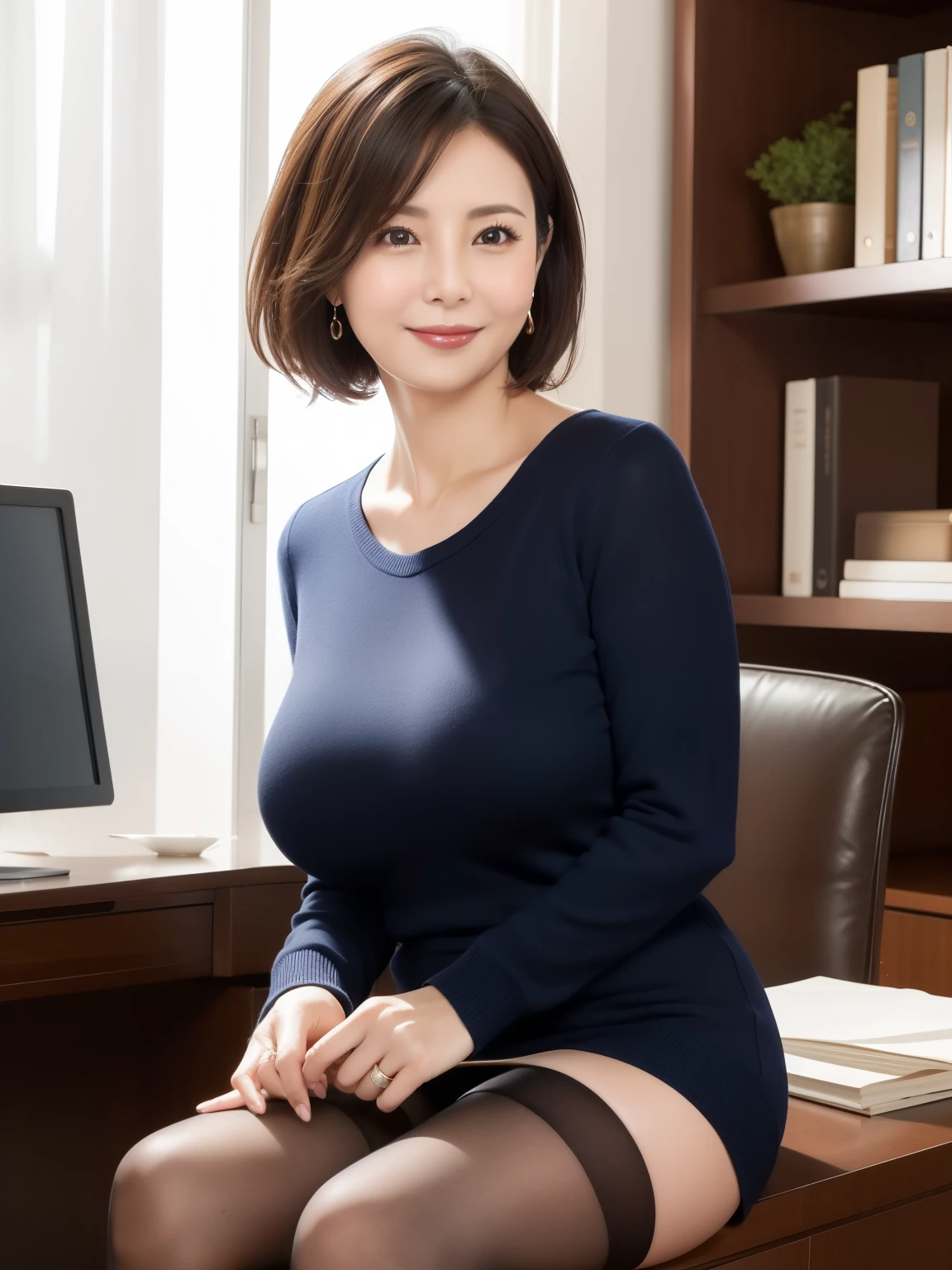 Beautiful Japanese Woman、Beautiful mature woman、Classy sex appeal、sexly、Clear Skin、Perfect lighting、beauty、Glowing Skin、Transparent beauty、8KHigh resolution、beauty in natural light、High resolution、Realistic、masterpiece、Watery eyes、Gravure quality、office lady、Chubby body type、Wrinkles around the eyes、Grey suit、Working in the office、BIG ASS、smile、A big smile、40 years old