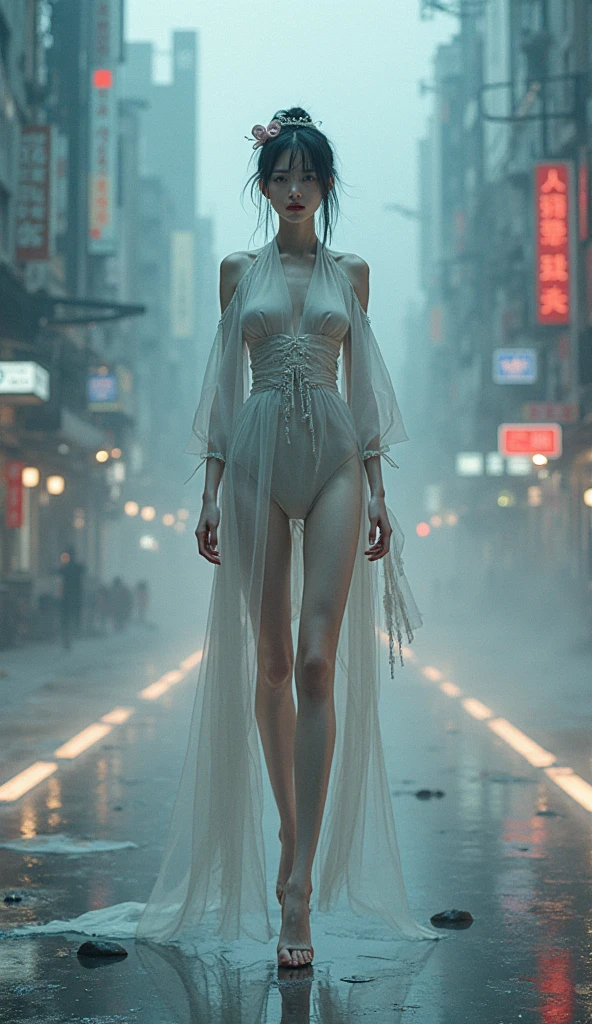 Сильный rain, Beautiful woman with wavy hair and red squid tentacles, Detailed traced face, full length, walks in the water, drowning in a swamp, Delicate and charming eyes, Thigh notch, sexy long legs, short wet t-shirt , Thin body, cutout at the hips, Nipples are translucent, nipples sticking out, see through, no skirt, There is no underwear, There are no panties, There is no bra, Wet hair, everything is white, white lace collar around the neck, blue bow with gold pendants, and bright blue emerald, amazing earrings, clothes torn, abrasion and blood, Tired, wet body, Detailed leather, very high quality, The body is covered with oil, drops flow down the body, The body shines, hair is very wet, hair covered with oil, Glisten, сильный rain, A beautiful futuristic fantasy city in the style of Coruscant from Star Wars by John Lucas, Science fiction, carnivorous squid tentacles, Huge fantastic skyscrapers in the background, futuristic yellow flying Porsche, fog, wet, rain, best quality masterpiece, Realistic, detailed, 8K, HDR, Shallow depth of field, broad light, high contrast, backlight, flood, flash, Chromatic aberration, Sharp Focus, color photo in RAW format, Very detailed vagina, high heel boots, drops fly under your feet, splashes of rain on the water, very busy street, Various alien creatures live in the water, they want to rape a girl, The walls are covered in moss, lifts the skirt