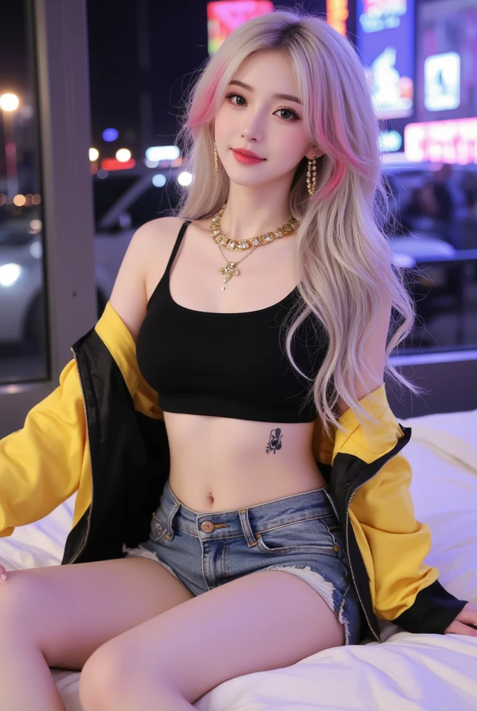 (Hyper-realistic) , (illustratio), (Increase the resolution), (8K), （RAW photos，best qualtiy），（realisticlying，photograph realistic：1.3），best qualtiy，highly  detailed，tmasterpiece，1girll， 独奏， By bangs， exposed bare shoulders，raised arm， Black shorts，White mini-short top， greybackground， hair between eye，， long whitr hair，  Super short pants， parted lip， red eyes，  simplebackground， Full body photo，Hips up, view the viewer, (Detailed face), Yellow hair, jewelry, Women's tights, Shorts, Camel toes。