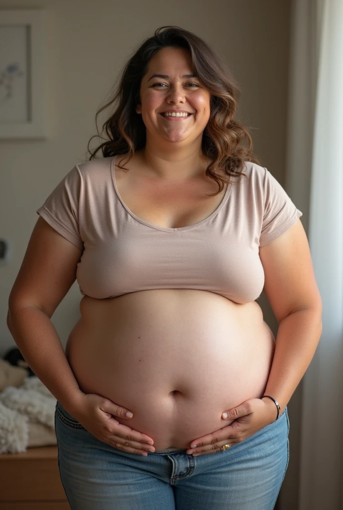 Fat woman with bulging belly, 36 years old, long dark calluses, wearing glasses, in jeans and t-shirt