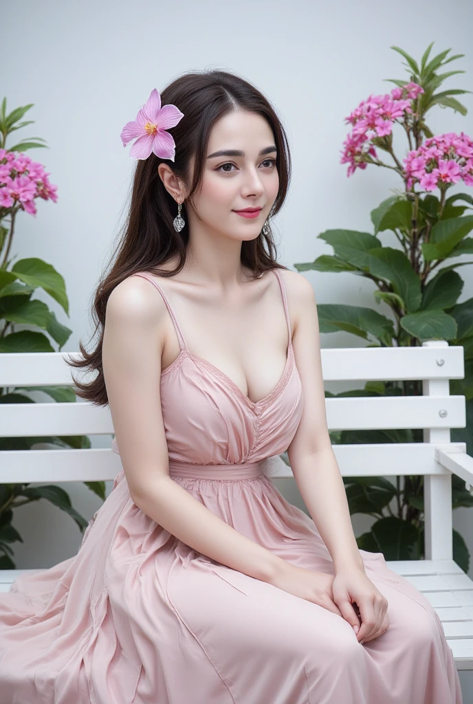 ((Mature woman standng in a garden)),((pink wedding dress:1.2)). 40k, Photography, masutepiece, Best Quality, dark grey background, ((Mature Women, waifu, mami, A MILF)), ((voluptuous breasts)), Perfect face, perfect , ((Two_girl with brown eyes and gorgeous bright black hair)). a Pretty Japanese woman,wet hair look, completely soft chest and white skin,, ((Very soft breasts)). Ultra-detailed face, Detailed eyes, looking into camera, embarrassed, Smile, closed lips, closed mouth, closed lips, no teeth, nightime, smooth light on face, vivid