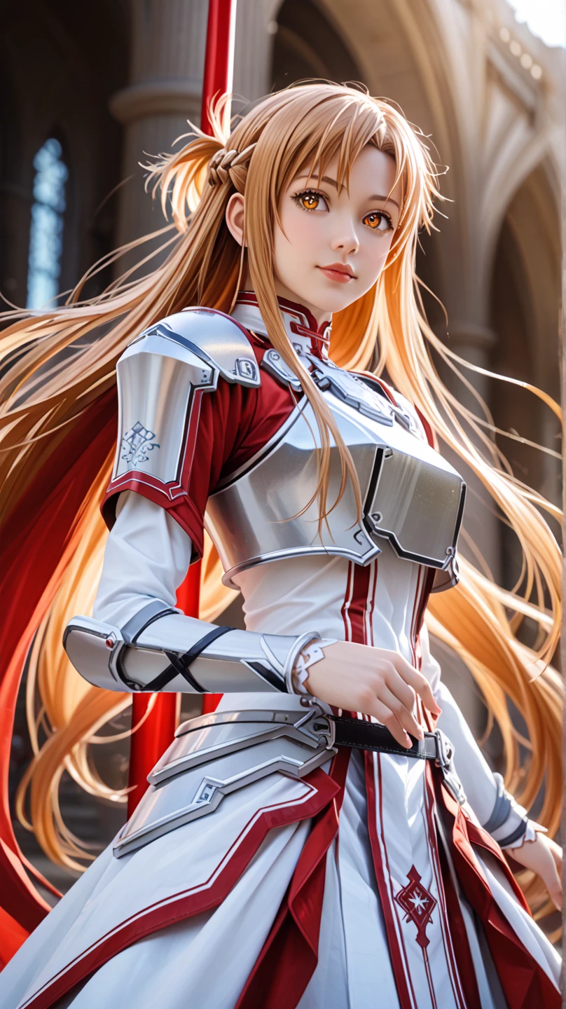realistic,, asuna \(sao\), 1 girl, (armor), white cloth, blonde hair, brown eyes, (belt), sitting, light smile,