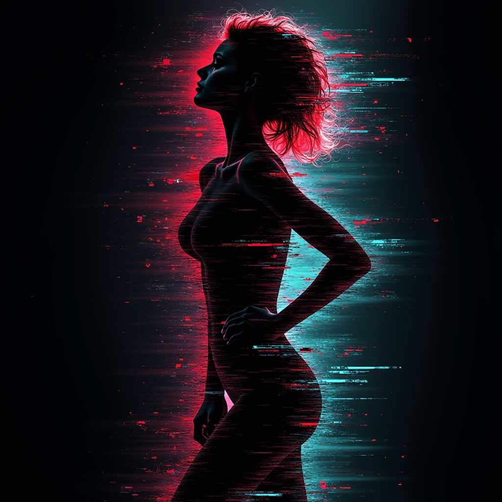 (real life, woman floating in space, seductively looking at the viewer, clean brick red environment, grim style, horror lens effect, jarring optical effect, layered effects, dark shadows, hazy, grainy:1.2), (full body, a woman looking aroused and eager, shocked, dark space, dark natural natural colors, HDR, 5mm:1.2), (glitch art by (Hans Feurer:1.1) and (Roe Ethridge:1.2)), glowing blue on black, hints of yello, dynamic pose
