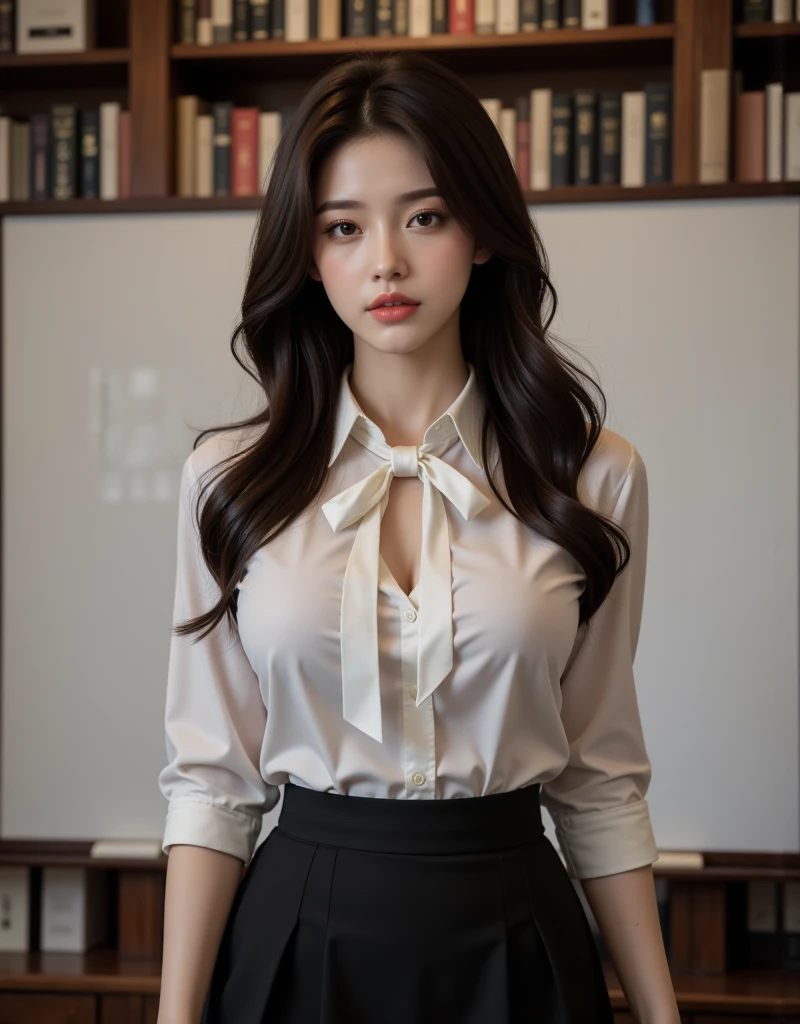 face is :9,1870450717], Classy upper-class elite secretary in luxury silk blouse, Skirt and thighs、27yo、stature　162cm、Walking along the corridor、Office Clothes, (Wearing pantyhose,Realistic Pantyhose)、working in an office、Wearing a strict business suit, Wear high-end high heels、 Blouse girl, Wearing an elegant blouse, Wearing an ultra-thin blouse, businesswoman, Blouses and skirts, Wearing a silk blouse, Wear shirts and skirts, 　　　　　　Raw photo, (8K、top-quality、​masterpiece:1.2)、(intricate detailes:1.4)、(Photorealsitic:1.4)、octane renderings、Complex 3D rendering ultra detail, Studio Soft Light, Rim Lights, vibrant detail, super detailing, realistic skin textures, Detail Face, Beautiful detail eyes, Very detailed CG Unity 16k wallpaper, make - up, (detailedbackground:1.2), Exposed thighs!!!,