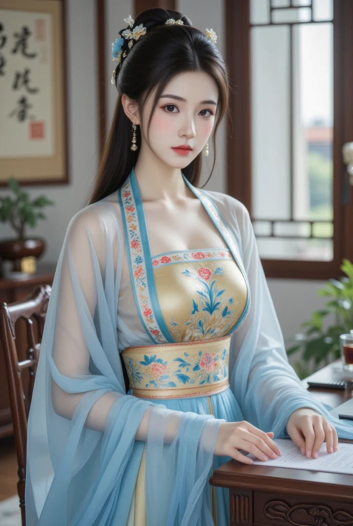 An ancient Chinese beauty is depicted sitting gracefully on a stone, dressed in an elegant ancient Chinese costume. Her attire features flowing blue tulle and light silk, creating a serene and ethereal appearance. She adopts a lazy pose, exuding a sense of calm and tranquility.
Around her, big lotus leaves and lotus flowers add to the scene's beauty, with the composition styled in an ink painting style. The colors are clean and distinct, reflecting the traditional ink painting technique. The cutting of the image is decisive, with a focus on the beauty and her surroundings, leaving ample blank space to enhance the composition's impact.
The artwork is a masterpiece, showcasing super detailed elements and an epic composition that captures the essence of ancient Chinese aesthetics. This scene is a visual representation of the beauty and simplicity of traditional Chinese art, blending nature and human elegance in a harmonious balance.