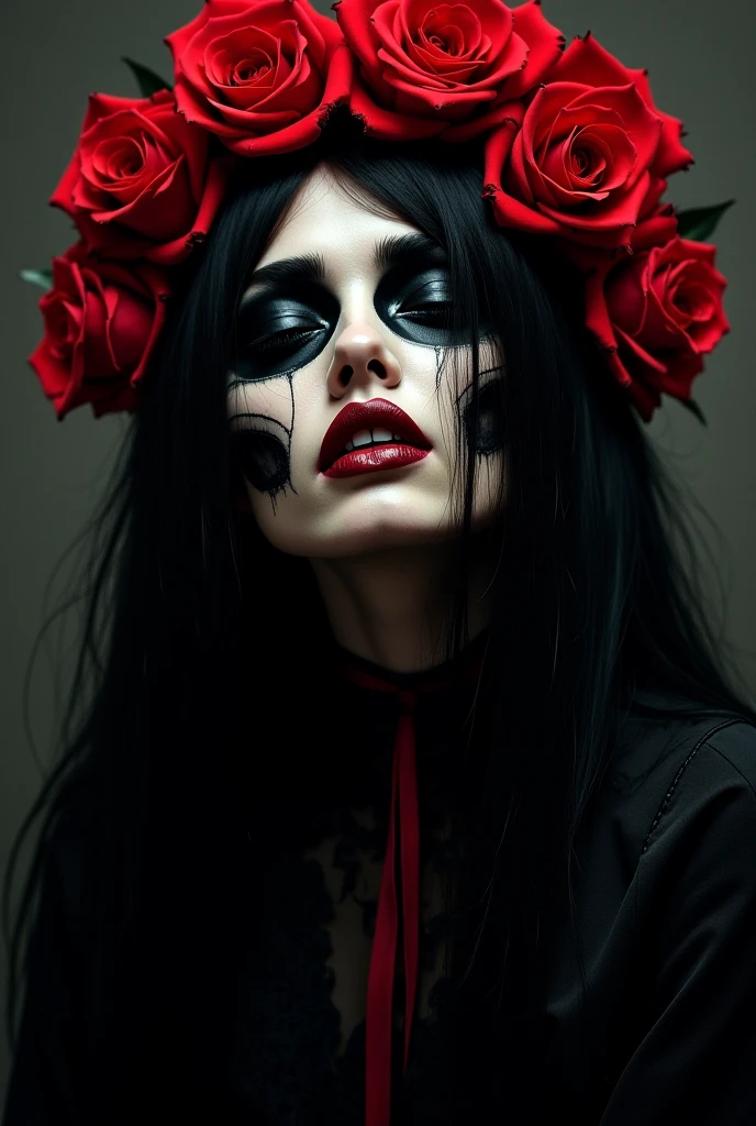 a woman with a red flower in her hair, by reyna rochin, tumblr, skull face paint, beautifull lovely eyes, trick or treat, eyes. dark colors, cute bandaid on nose!!, white skeleton face, so cute, great pinterest photo, description