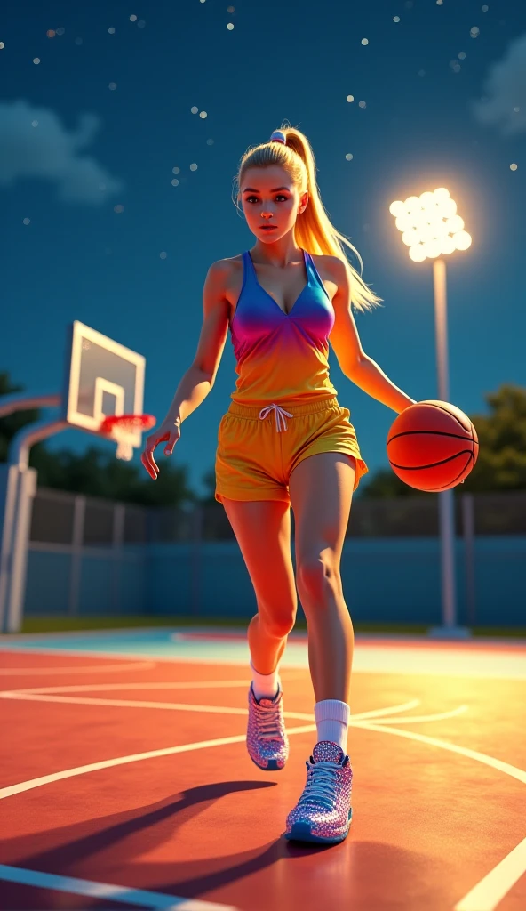 Gorgeous Blonde , is playing basketball, wearing basketball shoes, a very short white mini skirt, and a sexy black top. Her hair is tied in a ponytail. she shoot the ball .