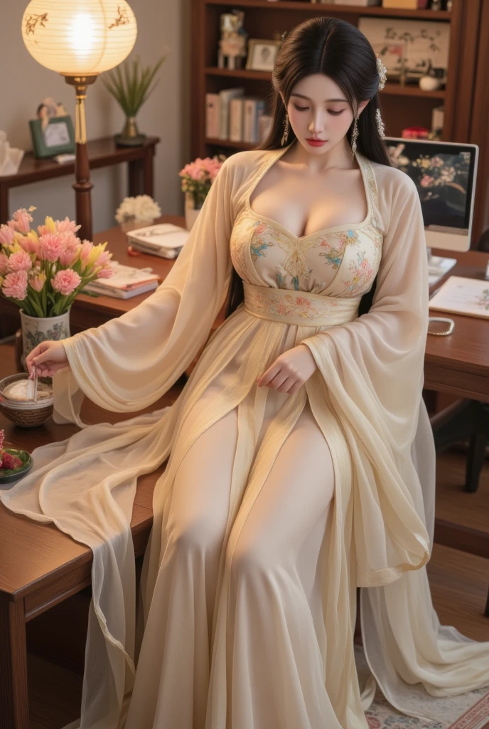 1girl,beautiful, elegant, serene, long black hair, large breasts,erect nipples,cleavage,flowing hair, brown eyes, traditional Chinese clothing, floral patterns, intricate design, standing,graceful pose, facing slightly to the side,soft lighting
