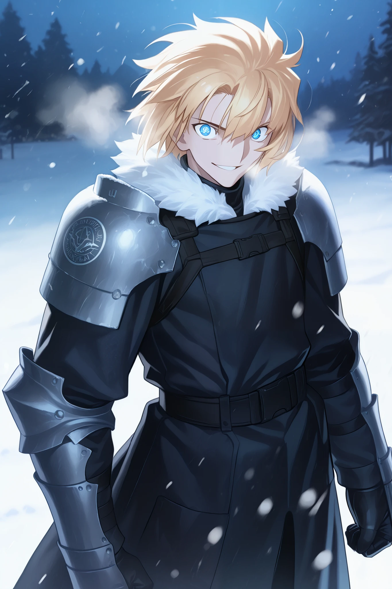 absurdres, (((Ultra HD))), (((Ultra High Quality))), ((hyper detailed)), ((Ultra High Resolution)), (Highly rendered), ((detailed eyes)), (((8K))), ((perfect face)), ((masterpiece)), cinematic, darkened, solo, 1boy, tall, blonde hair, smile, short hair, blue eyes, tactical clothes, black trench coat, fur collar, shoulder armor, gauntlets, snow, Arctic region, nighttime, moonlight, snowing, heavy snow, blizzard, frost over clothes, cold breath
