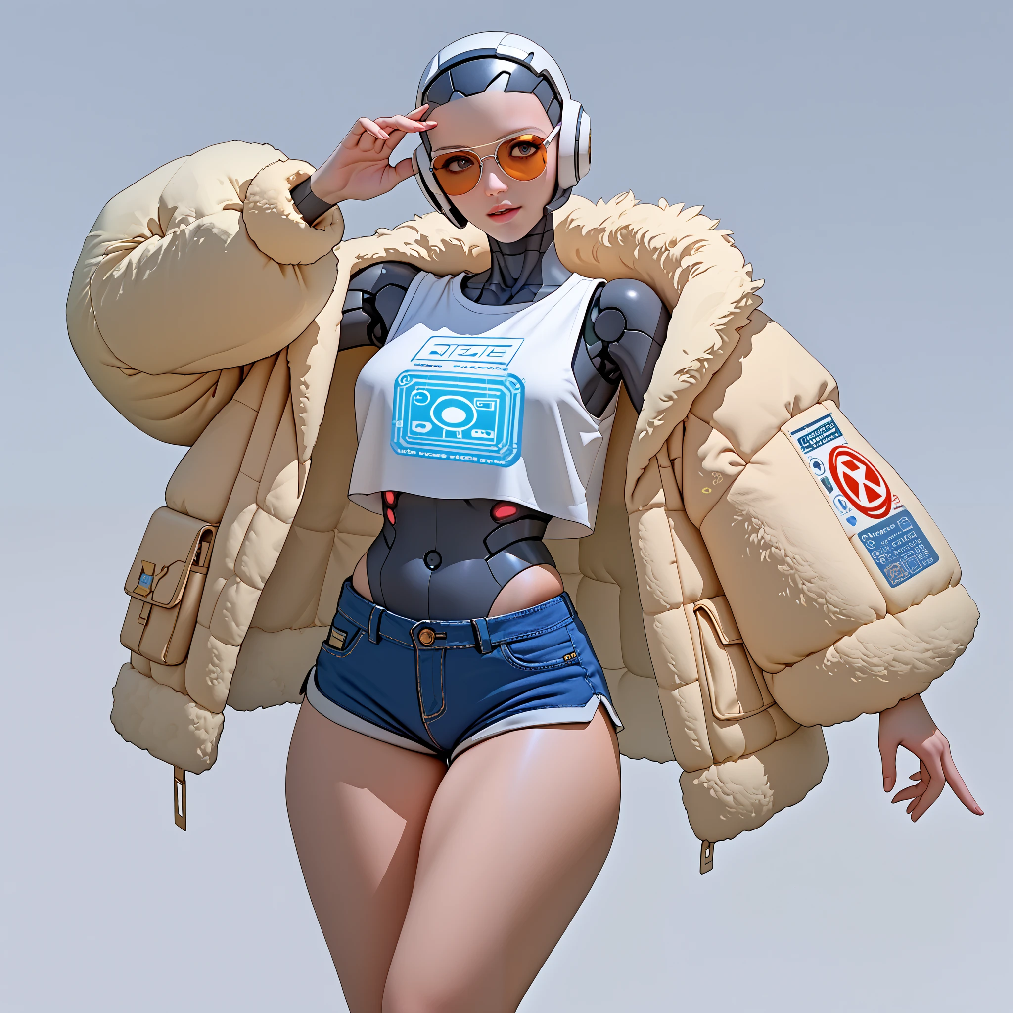 score_9, score_8_up, score_7_up, an alien round white robot that floats in the air called S.P.O.R.K. the robot is displaying a blue human female hologram. She is slim thicc and is wearing shades, shorts, and a fur coat in the blue hologram. When visiting Earth, the robot downloaded music from California and enjoys the culture. The robot is a prankster but is dependable.