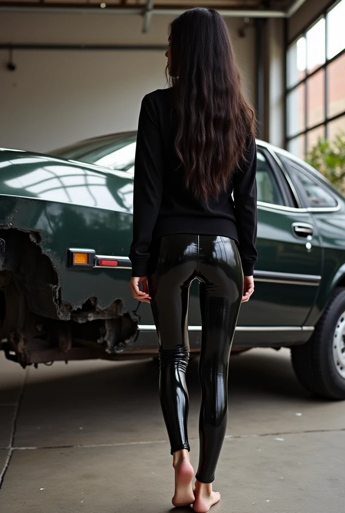 25-year-old girl ,girl with long red hair, short skirt, black tights, place on a worn-out chair in the garage, a BMW is standing behind her, close-up of the legs