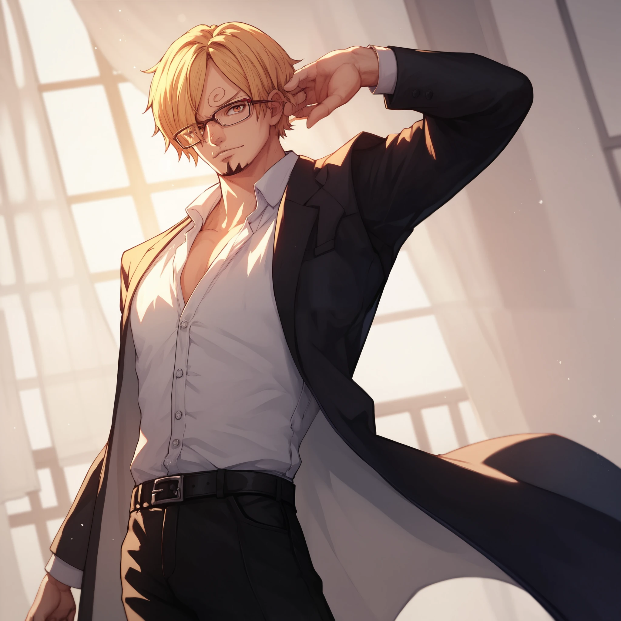 sanji, glasses, formal, black pants, looking at viewer, solo, dancing