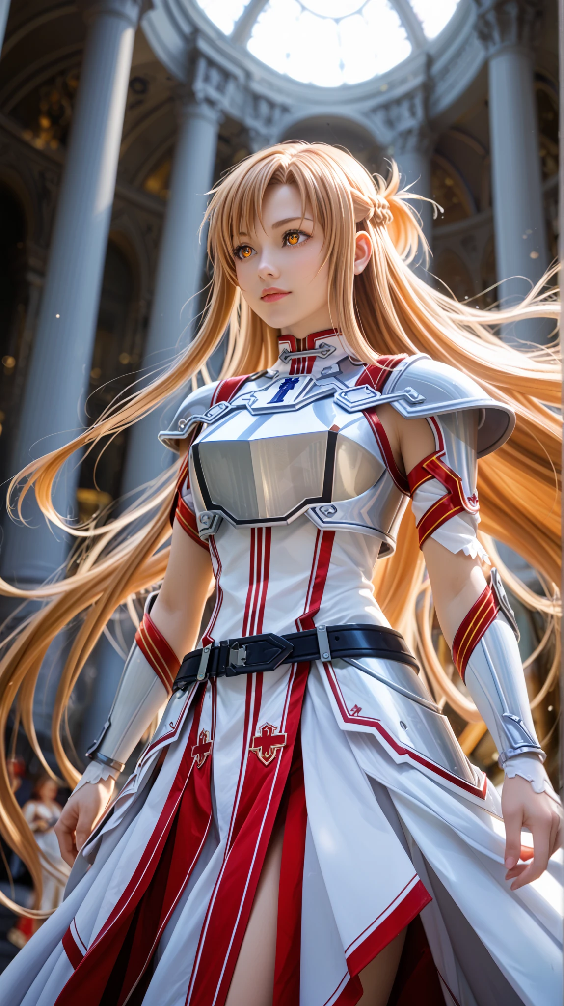 Asuna Yuuki from Sword Art Online in ultra-realistic cinematic photography, set in a futuristic fantasy studio environment with a powerful yet sensual atmosphere.
She has long flowing chestnut hair with subtle natural waves, partially braided on the sides, glowing amber eyes, porcelain skin with soft highlights, and a fierce yet graceful expression. Her iconic white and crimson knight uniform is reimagined in high-definition textures: sleek white fabric with subtle embroidery, metallic crimson accents, armored shoulder plates with ornate golden designs, leather straps, and a flowing layered skirt with red inner linings. Her sword is crafted in silver and chrome, reflecting the studio lights. She stands in a dynamic pose with one hand extended forward and the other gripping her rapier, as her hair flows dramatically. Emulate a Canon EOS R5 with 85mm f/1.2 lens, use cinematic studio lighting with a mix of soft key light and dramatic backlighting to highlight her armor and face, compose with the rule of thirds and a low-angle heroic shot, shallow depth of field, ultra sharp focus on her eyes. --ar 16:9 --v 6 --style raw --quality 1 --stylize 1000