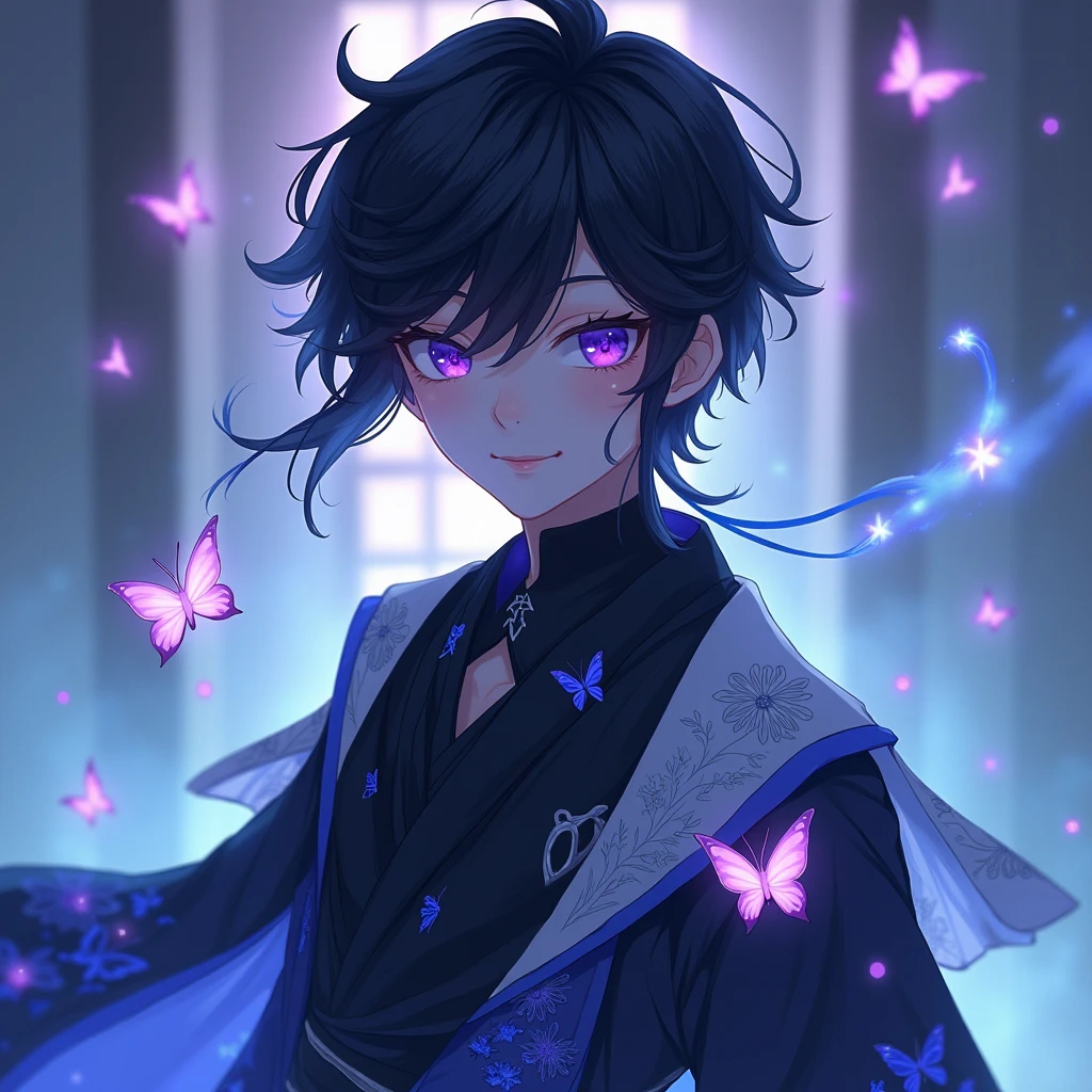 absurdres, highres, ultra detailed, HDR, master piece, best quality, extremely detailed face, delicated features, Dabi as a kid, black hair, expressive turquoise eyes, Boku No Hero Academia, solo, boy, cute, black dragon costume, close up, blossoms, pink flowers, pink butterflies, fantasy, magic, radiant