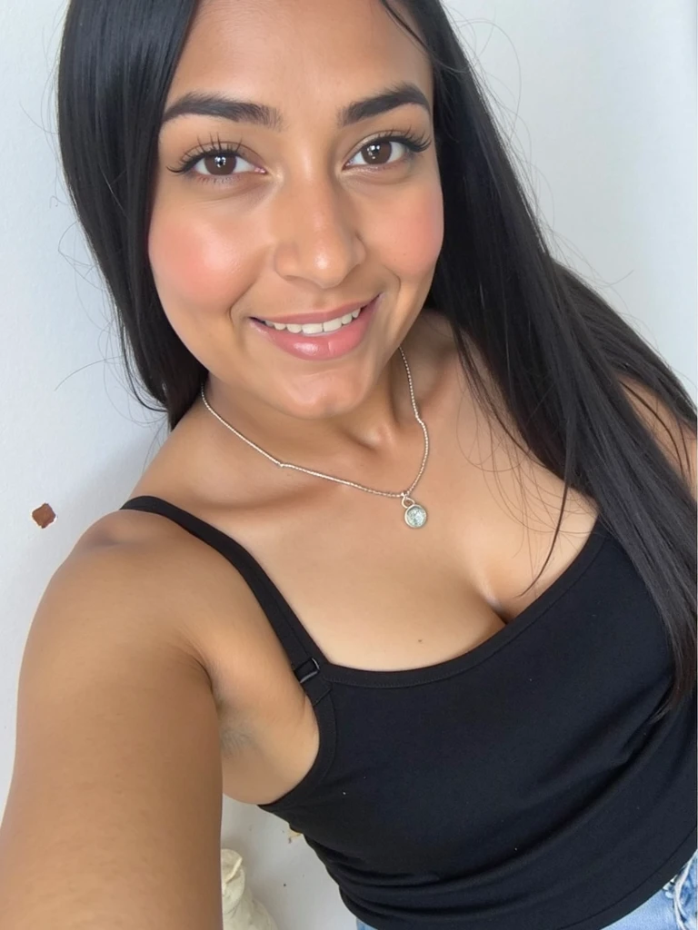 Beautiful girl , taking Selfie, long wavy light black Hairs, Posing beautifully, Smiling at us, Black Eyes, 4k Natural , Hyper Detailed, Black casual Dress, Hyper Realism, Ultra high Resolution, UHD