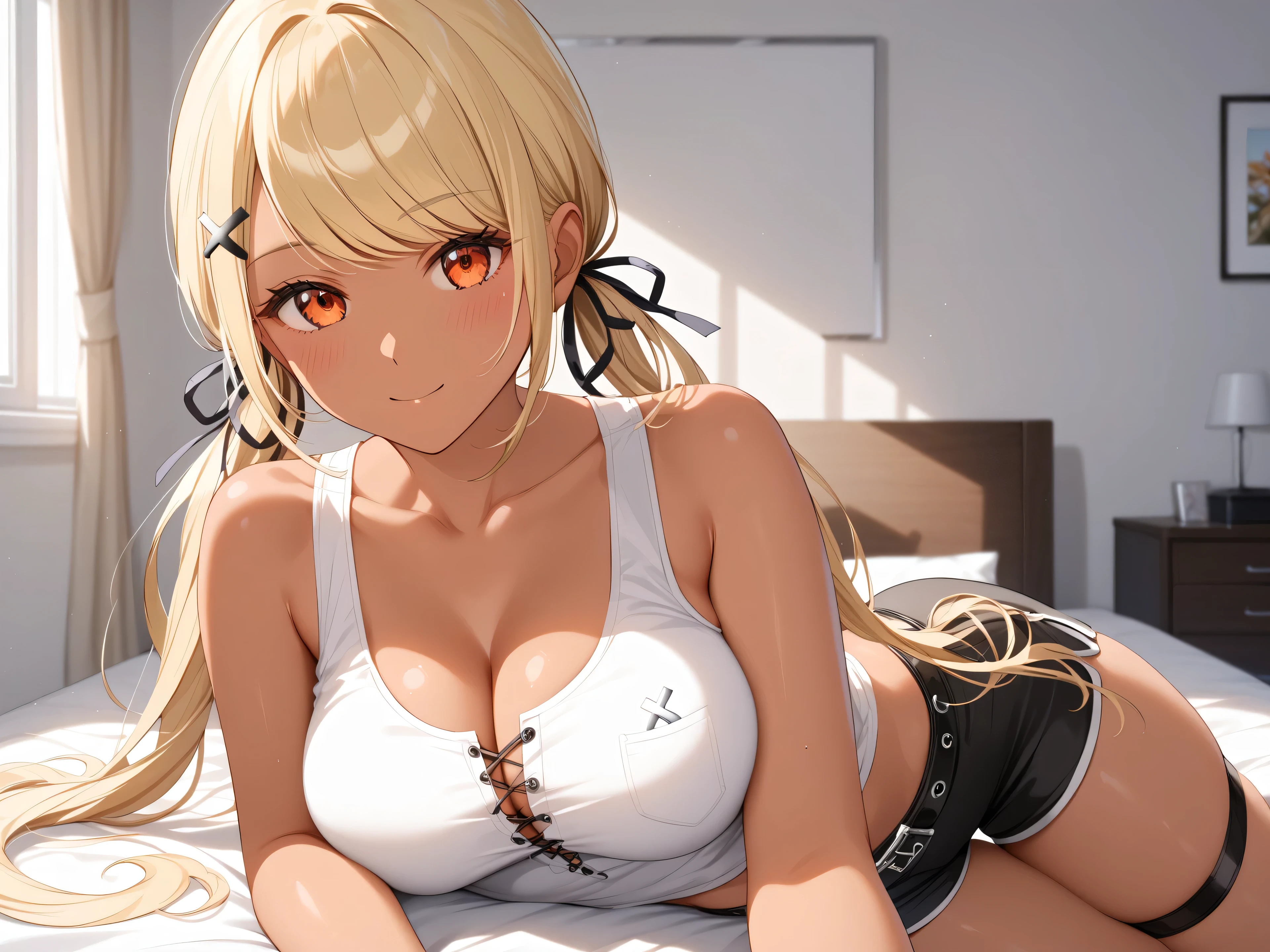 in 8K、top-quality、​masterpiece、ultra-detailliert、Ultra-high resolution、((1 persons))、girl with、White tank top、a blond、makeups、all-fours、cleavage of the breast、Frontal perspective、Gymnasium