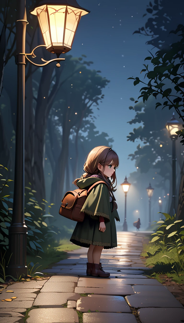 beautiful girl,pixer style,beige military shirt,Beige knee-length pleated skirt,red backpack,baby face,Brown short boots,dark brown hair,medium hair,bangs,white skin,charming eyes,long eyelashes,anxious look,Asahi,road deep in the forest,alone,Big tree,The wind is blowing,Black bird,lantern lights up,some orbs of light,Aori composition,mysterious,dynamic angle