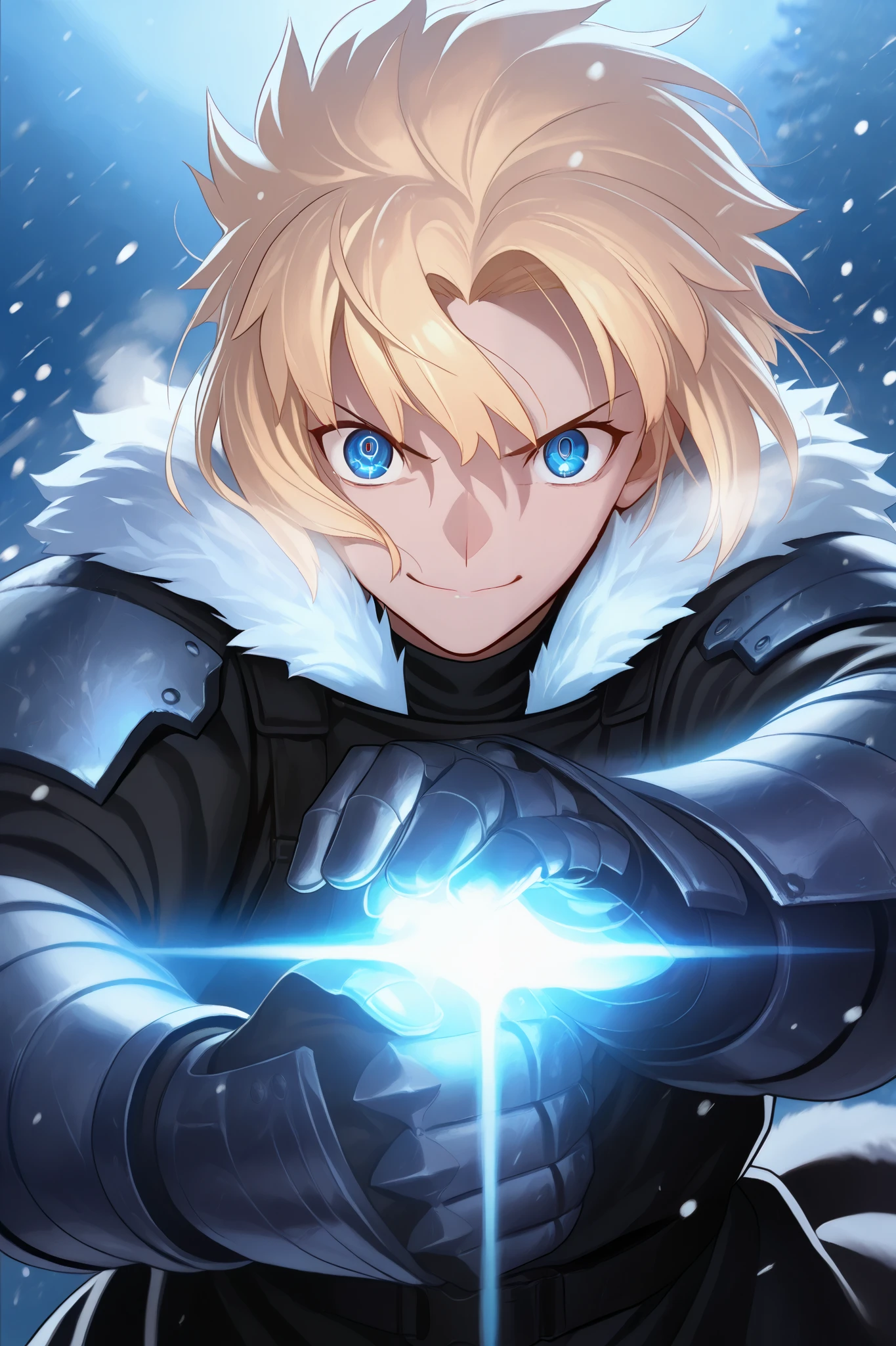 absurdres, (((Ultra HD))), (((Ultra High Quality))), ((hyper detailed)), ((Ultra High Resolution)), (Highly rendered), ((detailed eyes)), (((8K))), ((perfect face)), ((masterpiece)), cinematic, darkened, solo, 1boy, tall, blonde hair, slight smile, short hair, blue eyes, tactical clothes, black trench coat, fur collar, shoulder armor, gauntlets, snow, Arctic region, nighttime, moonlight, snowing, heavy snow, blizzard, frost over clothes, cold breath