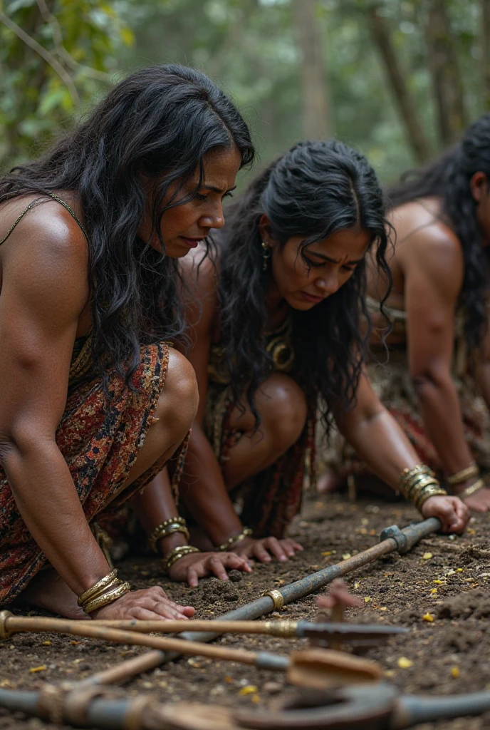 Two different native American girls totally  one is slightly licking the others pubic hair while on her knees ,in a forest