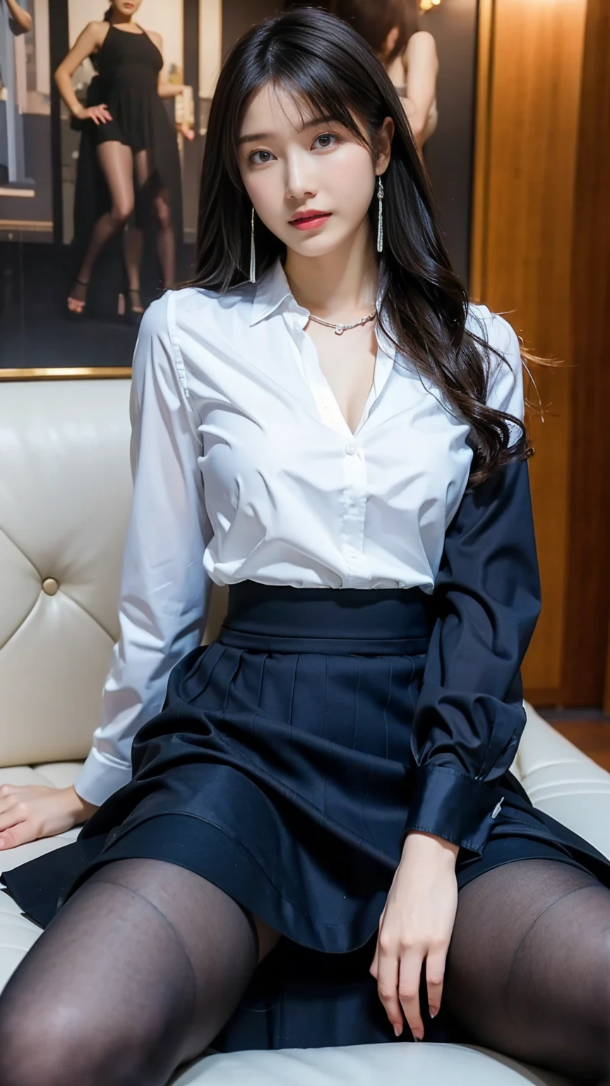 (((1 girl)),ray tracing,(dim lighting),[detailed background (living room)),((straight hair)),((big breast)),((Fluffy black hair, plump and slender girl)) with high ponytail))) Avoid golden eyes in the ominous living room ((((Girl wears white opaque shirt, black wrinkled skirt with black transparent stockings), showing a delicate and slender figure and graceful curves, correct limbs, hands behind the head, hands behind the head, hands behind the head , eye details, beautiful eyes, delicate eyes, blue eyes
