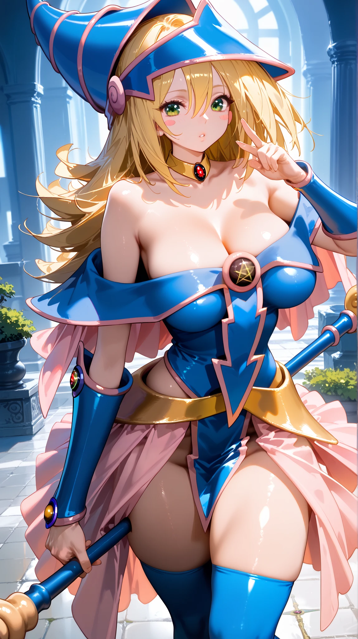 ultra-detailed, extremely detailed, masterpiece, highest quality, best quality, absurdres, highres, dark magician girl, (1girl:1.2), solo, detailed face, dynamic pose, hair flow, (full body:1.1), blonde hair, long hair, looking at viewer, green eyes, skindentation, detailed skin, skin pores, (shiny skin, glossy skin:1.1), rosy skin details, breasts, nail polish, skirt, blue footwear, blue headwear, wizard hat, wand, holding hat, (blue panties:0.9), (summoning circle:1.1), hexagram, pentacle, pentagram, yu-gi-oh!, duel monster, purple magic field, glow, detailed background, intricate background,