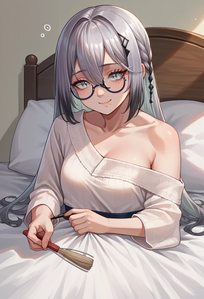 ((1beautiful girl)),,(((Silvery hair))),(((Braids2Book Hairstyles))),(((Middle bangs))),(((put out one's forehead))),(((Golden Eyes))),(masterpiece)), (((drooing eyes))),((top-quality)),((Vivid light and shadow depiction)), (The ultra-detailliert), ((kawaii)), cute little, (Detailed body line depiction), ((detailed face depiction)),((ighly detailed)), (8K), top-quality, (Beautiful fece),(((World-class quality))), ighly detailed, hight resolution,(((独奏))),(((thick eyebrow))).((((shinny hair)))),(((White and beautiful skin))),(((Small udder))),(((Bold poses))),(((Bright smile))),(((red blush))),(((composition seen from below))),(((In a dark room))),(((looking-down))),(((Looking up from your feet))),(((Upper body naked))),(((white panties))),(((Black Knee High Socks))),(((Squatting on the bed))),(((Show breasts))),(((open one's legs))),(((Beautiful forehead))),
