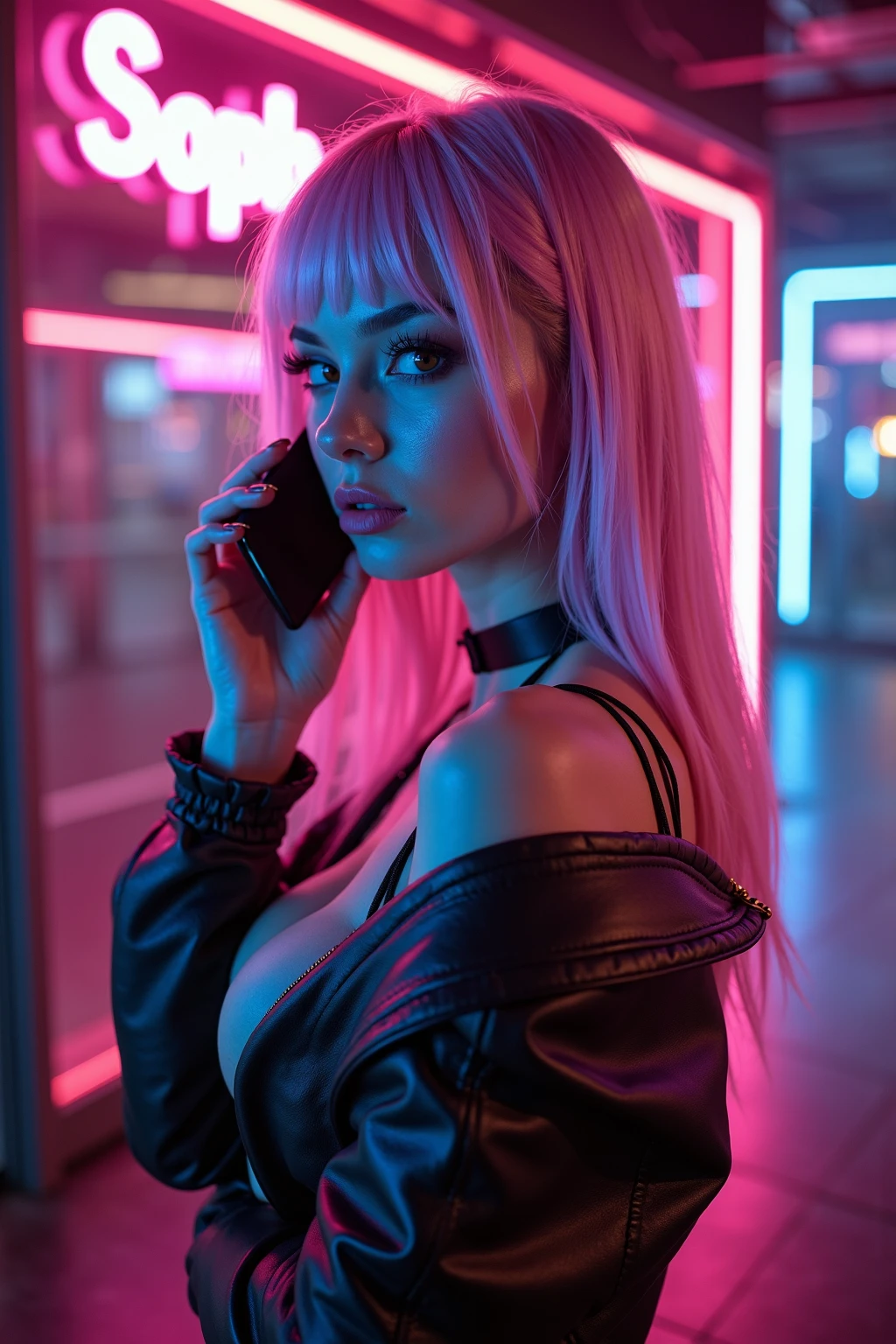 Create a 16:9 image featuring a confident blonde woman in a seductive pose, wearing an alluring, stylish outfit that enhances her appeal. She should be playfully biting her finger, with a flirtatious gaze. The background should be a vibrant nightclub scene with flashy, luxurious cars and dynamic, colorful neon lights, creating a sensual, high-energy atmosphere. The word “Techno” should be prominently displayed in a bold, glowing, futuristic font, integrated seamlessly into the design. The colors should be rich and dramatic, with deep purples, blues, and pinks to amplify the seductive and captivating mood.