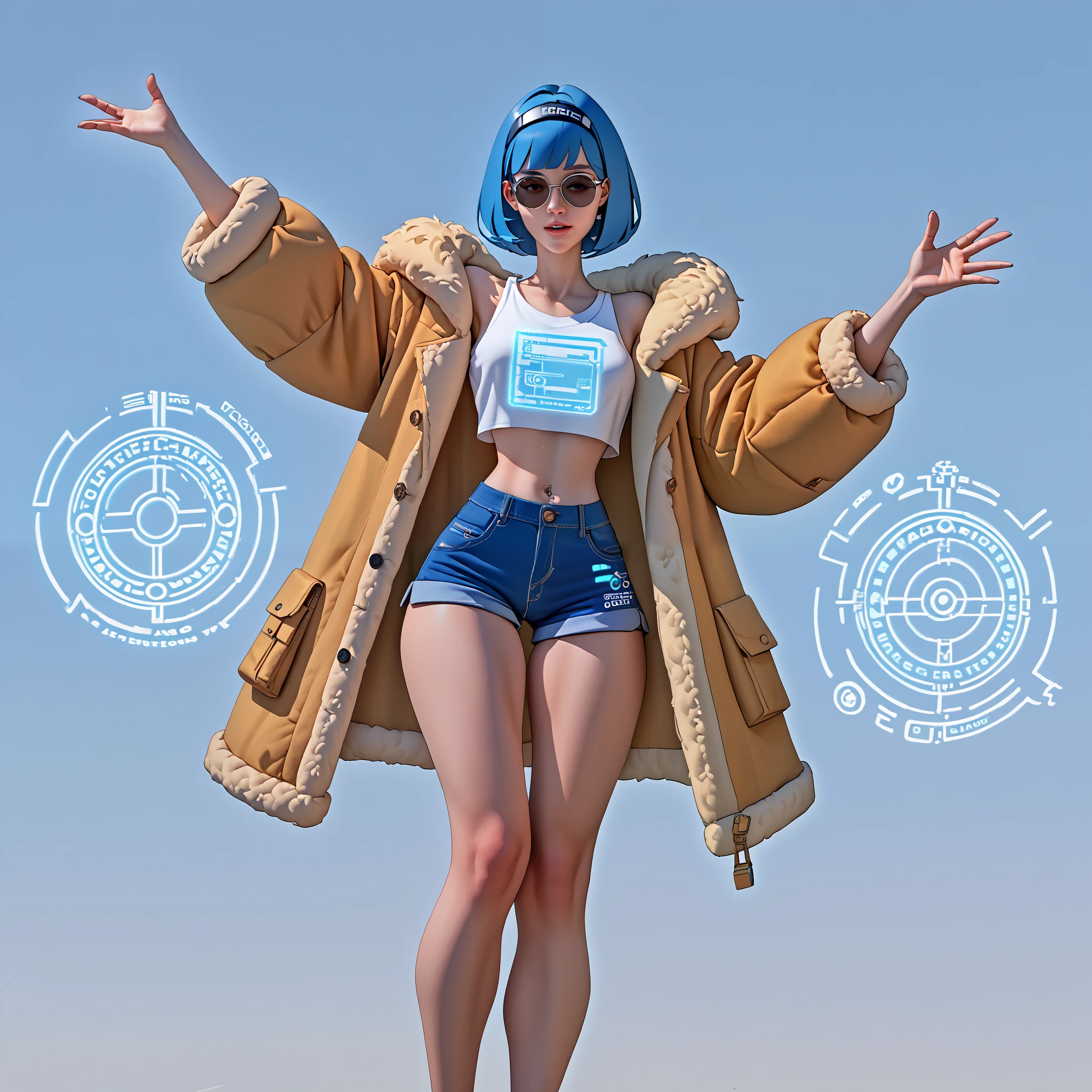 score_9, score_8_up, score_7_up, an alien round white robot that floats in the air called S.P.O.R.K. the robot is displaying a blue human female hologram. She is slim thicc and is wearing shades, shorts, and a fur coat in the blue hologram. When visiting Earth, the robot downloaded music from California and enjoys the culture. The robot is a prankster but is dependable. ( She is a hologram, so she has a blue tint)