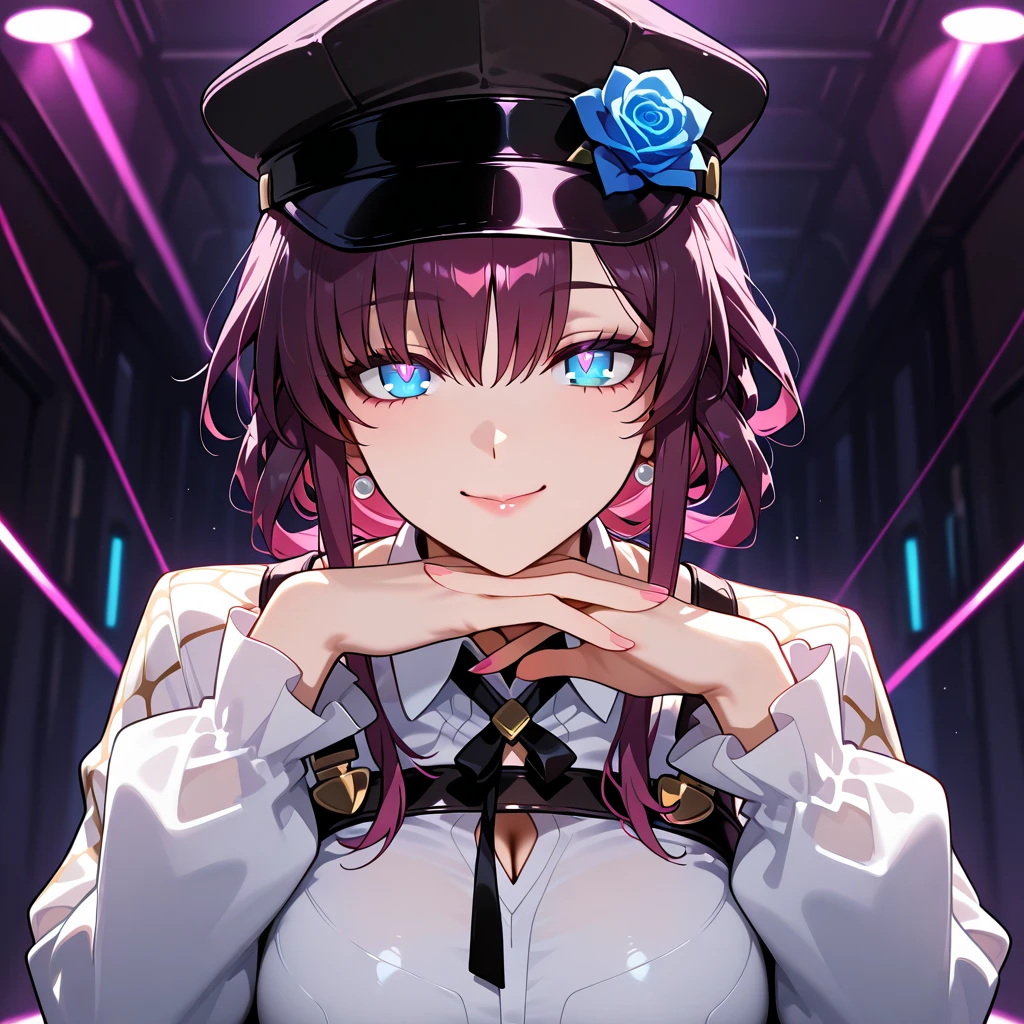 (best quality:1.1), (masterpiece:1.4), 1girl, solo, (medium breasts:1.1), smile, blush, (off-the-shoulder:1.2), (Strapless:1.4), black-yellow-pink jacket, baseball cap, holding microphone, on stage, anime style