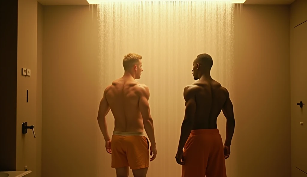 view of a naked black man pushing another man behind him in the bathroom