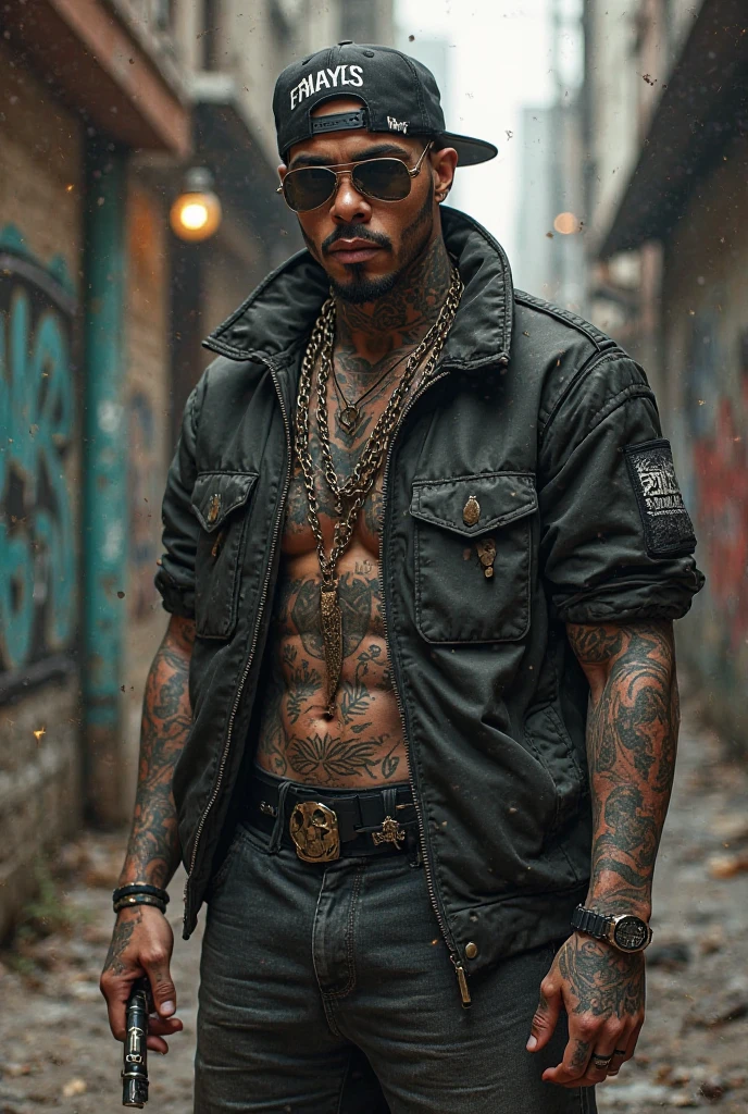 thug, full body, tattoo in a hand, chain necklace