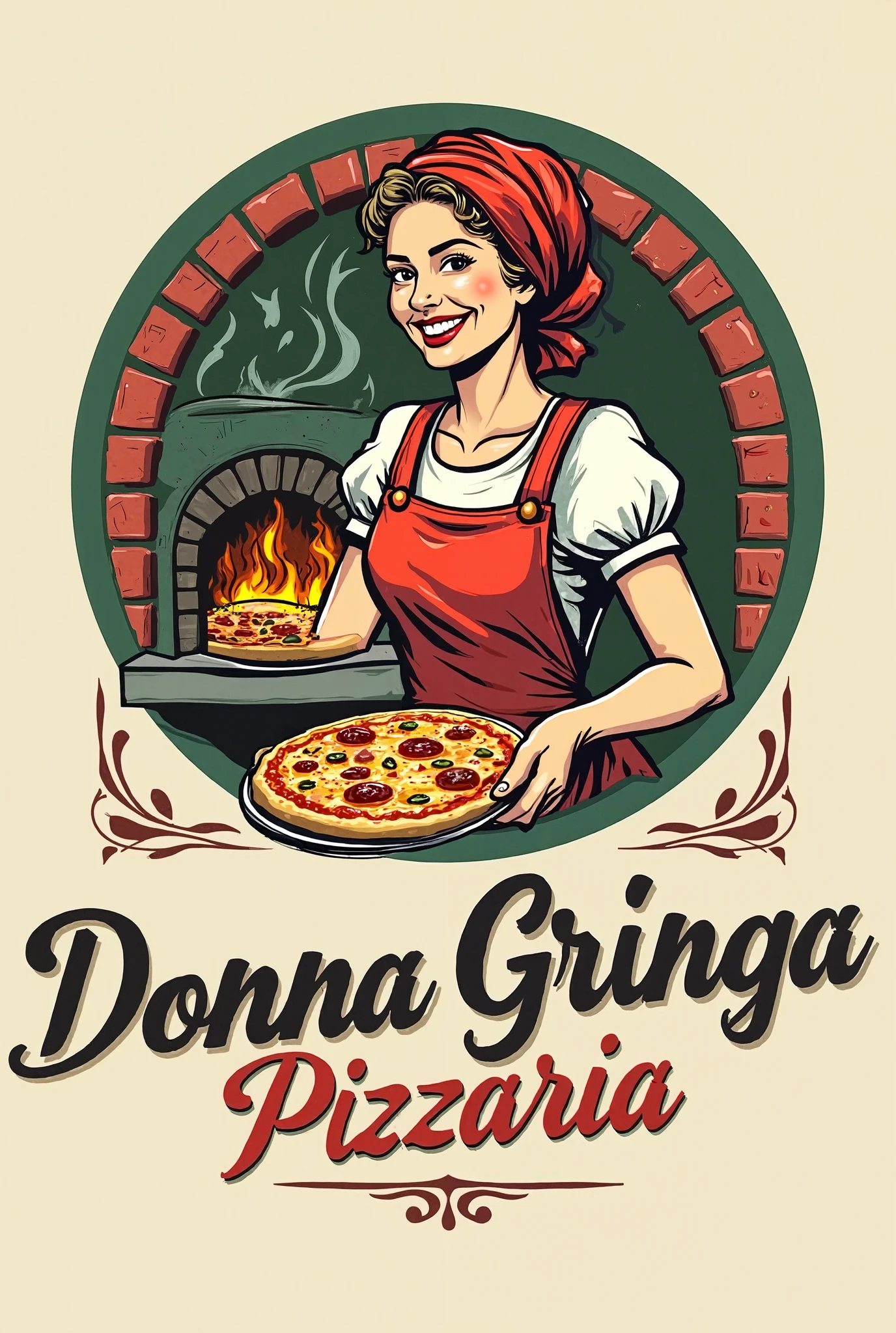 "Vintage logo of an Italian pizzeria called 'Donna Gringa Pizzaria'. The design features a smiling pizza lady, with an apron and headscarf, removing a golden and smoking pizza from a traditional wood oven. The oven has rustic red brick details and visible flames. The color palette includes green, red and white, inspired by the Italian flag, combined with earthy tones for an artisanal touch. The typography of the name 'Donna Gringa Pizzaria', with a handwritten touch, evoking tradition and warmth. The typography of the name 'Donna Gringa Pizzaria' elegant retro style {x} The background can have a circular design or classic emblem to give a professional finish to the logo."