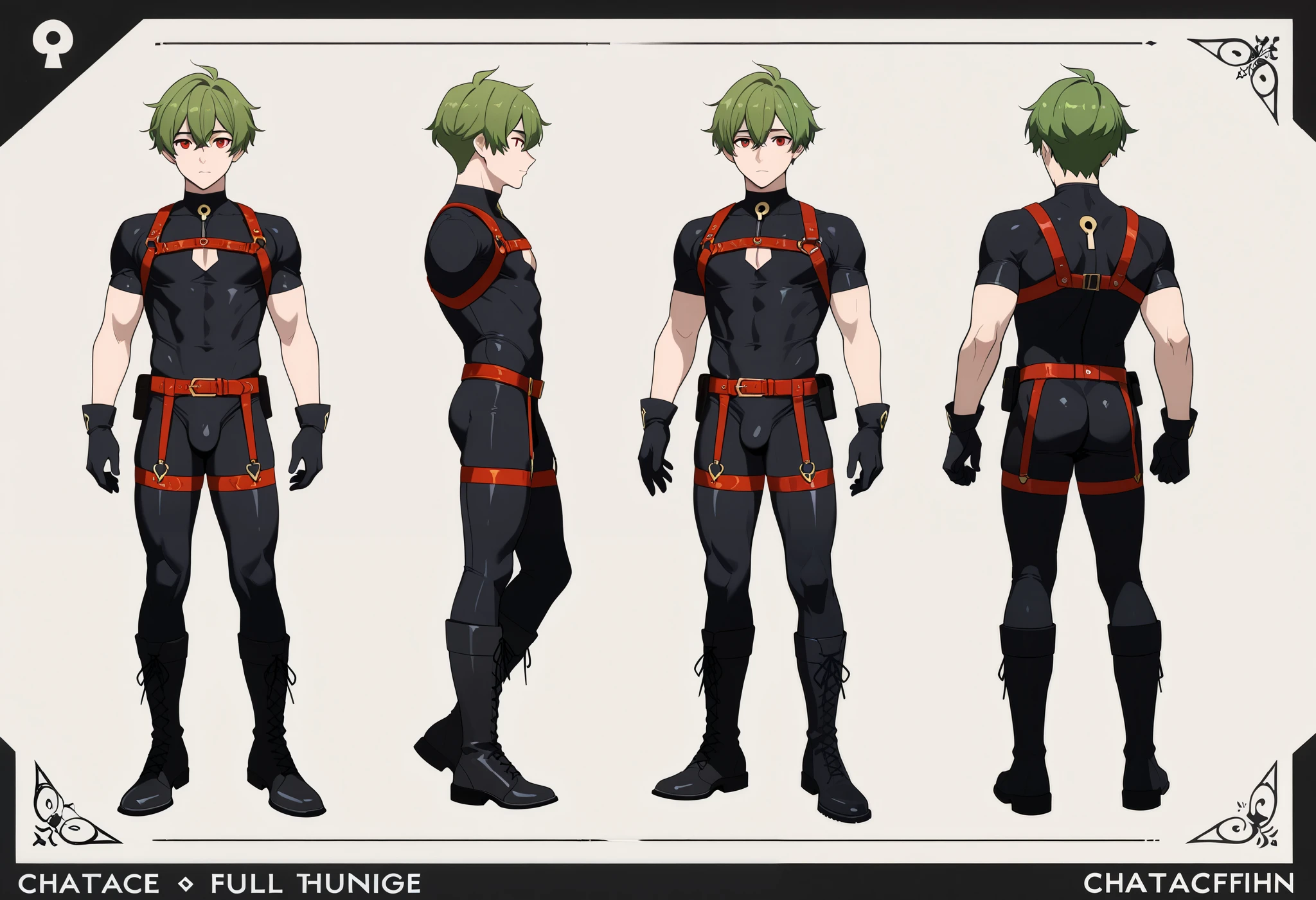 1 boy, fullbody shot, male focus, 20 years old, green short hair, character design, (Sexy outfit), black tight bodysuit, (keyhole top), Harness strap,chest harness, garter straps, (micro string thongs), gloves, red eyes wrenchftmfshn, fantasy clothing, multiple views of the same character,model sheet,chatacter sheet