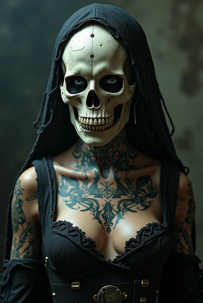 Seductive nun with wholebody tattoo and face coverd by skull sitting in a old chair