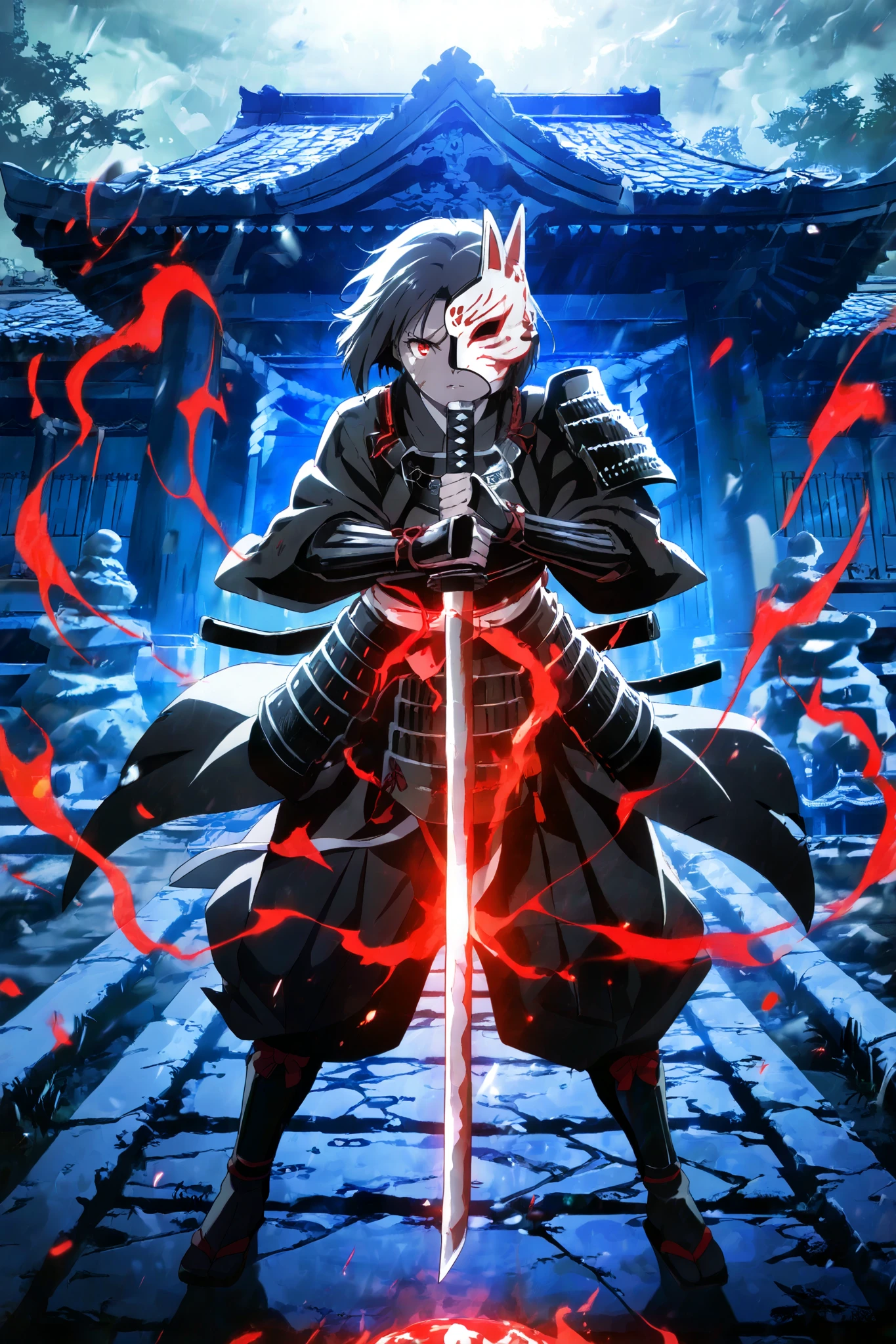 female samurai, short hair, half face masked, cinematic lighting, dramatic fog, japanese temple background, ancient stone pathways, detailed facial features, intense expression, 8k, hyper detailed, vibrant colors, moody lighting, conceptual art, anime style