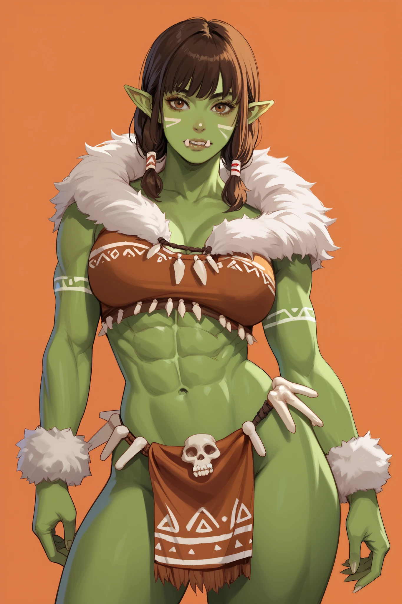 1 girl, short brown hair, bangs, pointy ears, green skin, tusks, voluptuous, body painting, six pack abs, fur top, fur loincloth, tribal, bone hamer, simple orange background