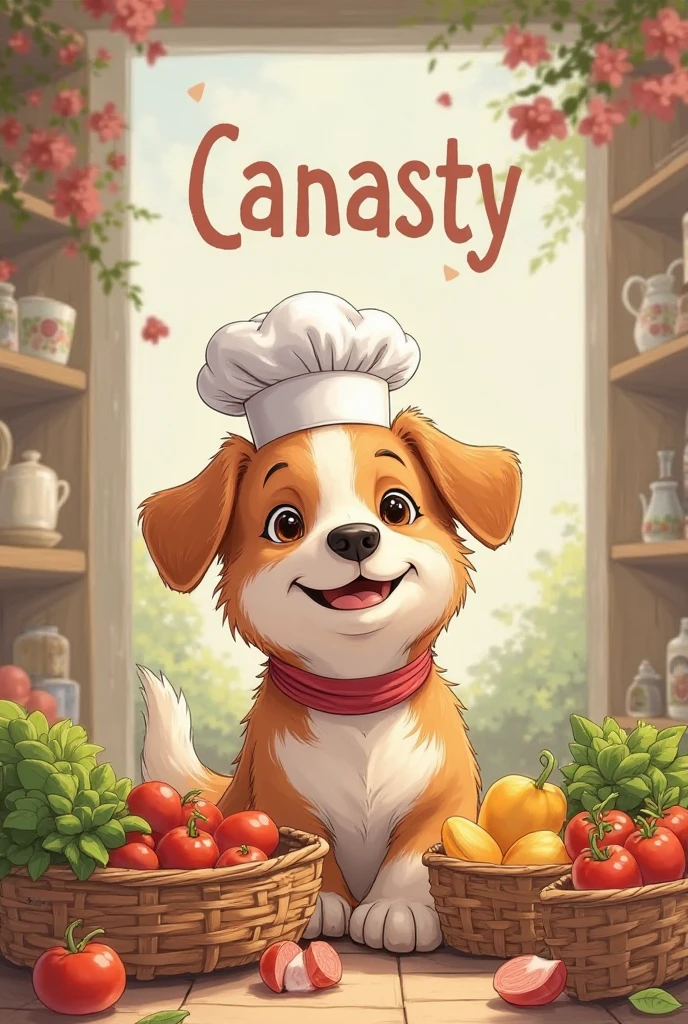 Hello chat create a Ghibli-style image for the logo of my place that is the photo of this dog wearing a chef's hat that says canasty with the baskets in front