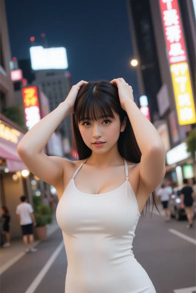 (8k, RAW photo, best quality, mastery: 1.2), (realistic, photo-realistic: 1.37), 1 girl, cityscape, New York, Times Square, night, rain, wet, professional lighting, photon mapping, radiosity, Chinese doll, torn, shirt, large picture, nurses, wedding dresses
