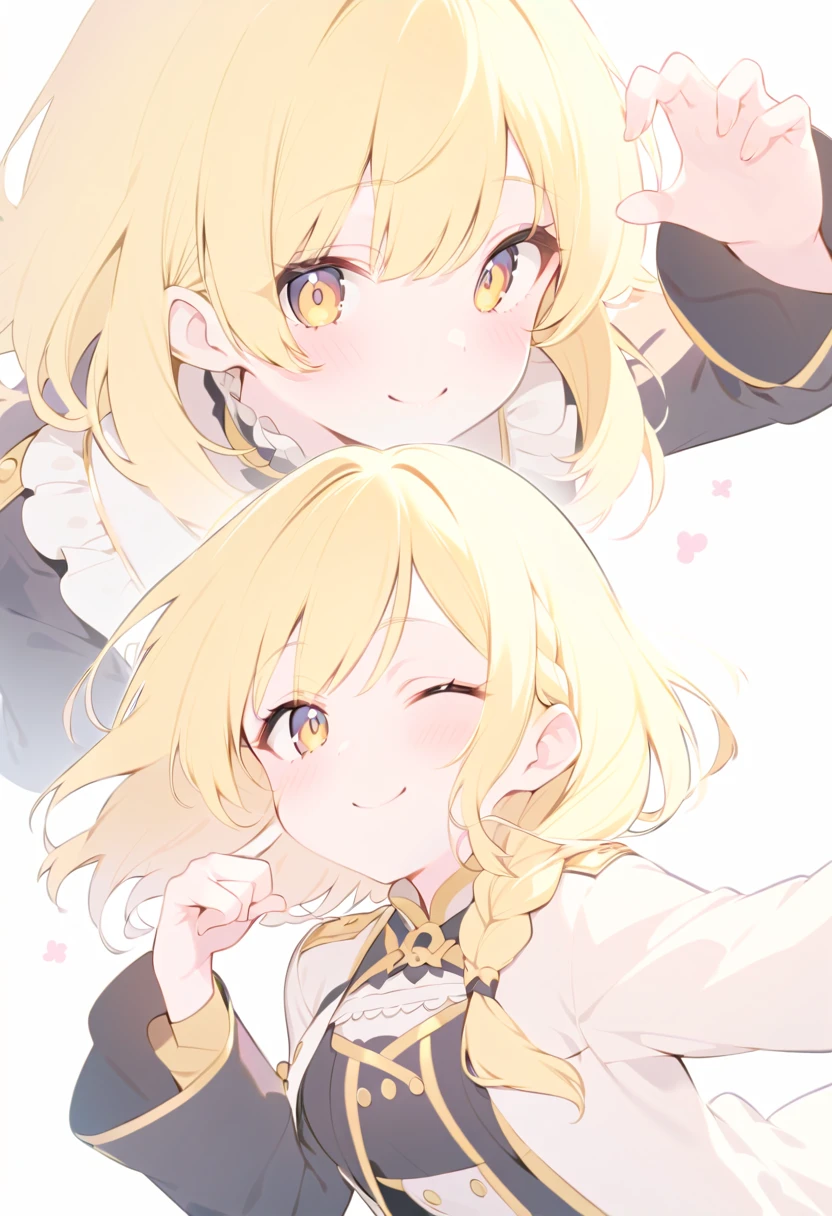 Masterpiece,best quality,ultra detailed, Two women, blonde, ponytailed, twins, identical faces, one wearing beautiful armor, one wearing a silly t-shirt, standing side by side, upper body, image divided by a line in the middle,