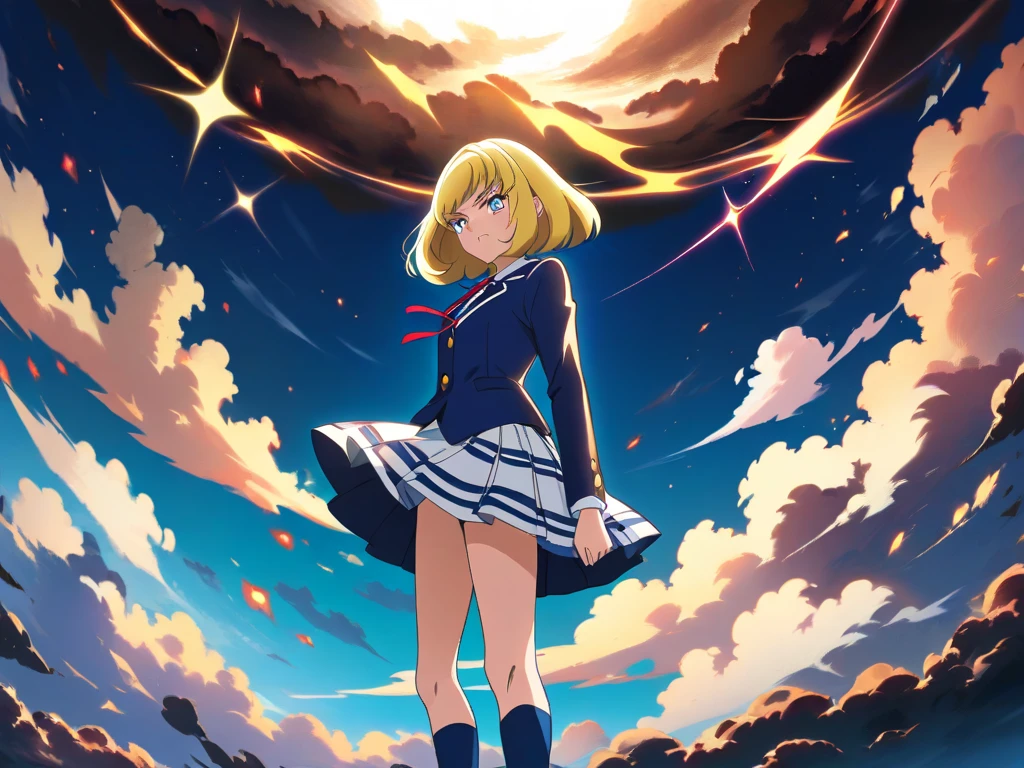 Highest quality, masterpiece, Ultra-high resolution, (Reality: 1.4), Original photo, One girl,

Smooth blonde hair with dark roots Two-tone hair Blonde bob cut Slanted eyes Red eyes Crimson eyes Sparkling eyes drawn in detail Tanned skin Brown skin Traditional sailor suit Dark green sailor suit White socks Loafers Low angle Aerial composition from below Best proportions Bright night sky A single shooting star Standing with one foot in front of the chest Standing confidently Arms folded in front of chest