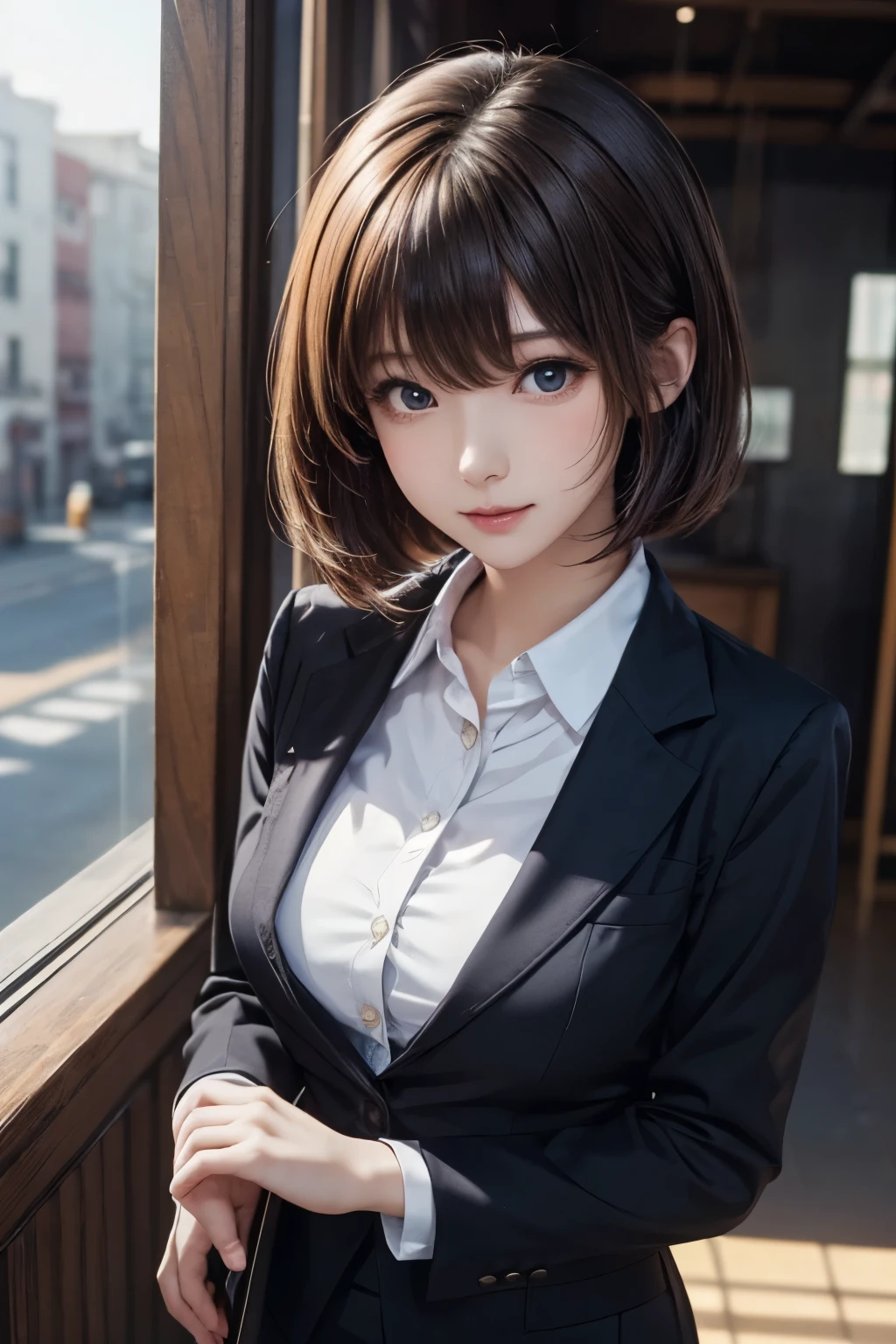 1 girl, Mid-shot angle , wallpaper, Digital Painting, cute anime , uses straight bob hair, beautiful breasts, Glow skin, Natural Face Lighting , business suit in excretion style, dress shirt, skirt, (masterpiece, top quality, very aesthetic, Super Detail:1.2), complicated details, high definition, 8k, sunlight