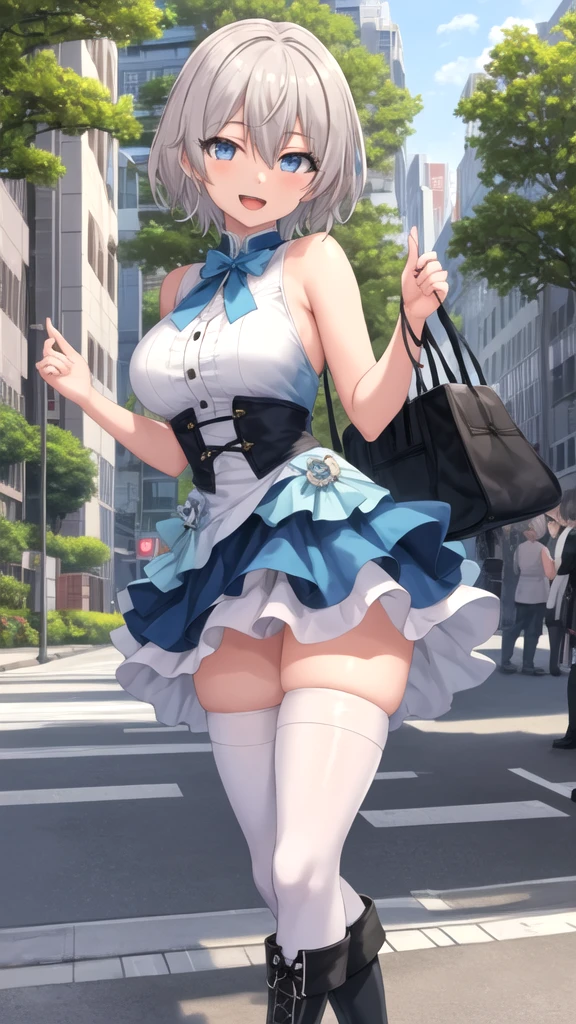 Barbara(genshin impact), extremely detailed, 1 girl,snowy, winter,(((white hoodie, blue embroidery))),(((tiny miniskirt))),realistic anime, 4k, wallpaper, smiling,wide hips, full body, small breasts, see through,(((street))), (((skirt lift))), (visible cameltoe), (( white stockings)), blonde, ((cleavage cutout)),(((street)))