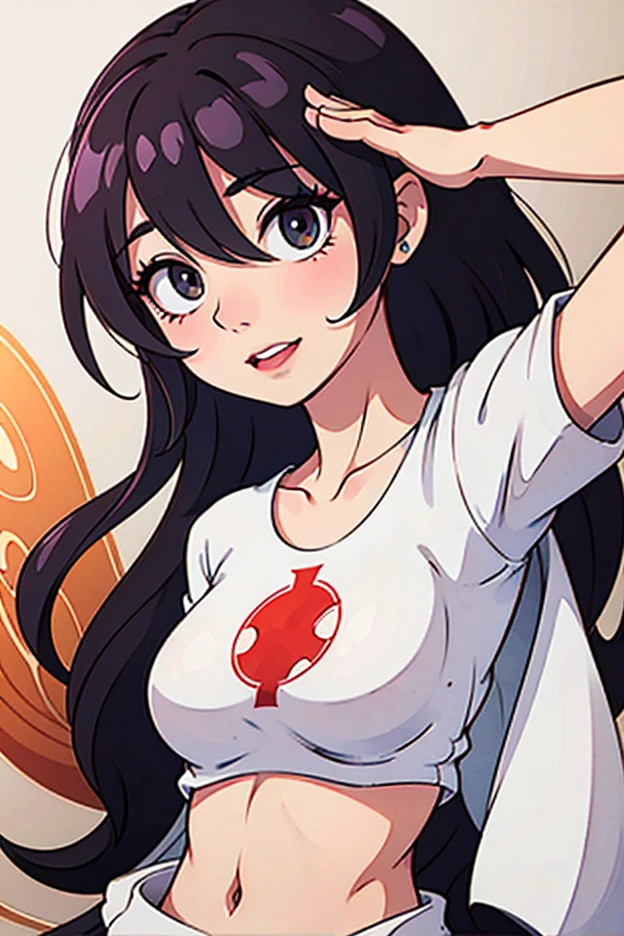 masterpiece, best quality, shimizu kiyoko looking at viewer, black hair, red eyes color, large breasts, upper body, portrait, looking at viewer, seductive smile,both hands raised, armpits, armpits visible, sweaty armpits, wearing volleyball uniform, wearing glasses